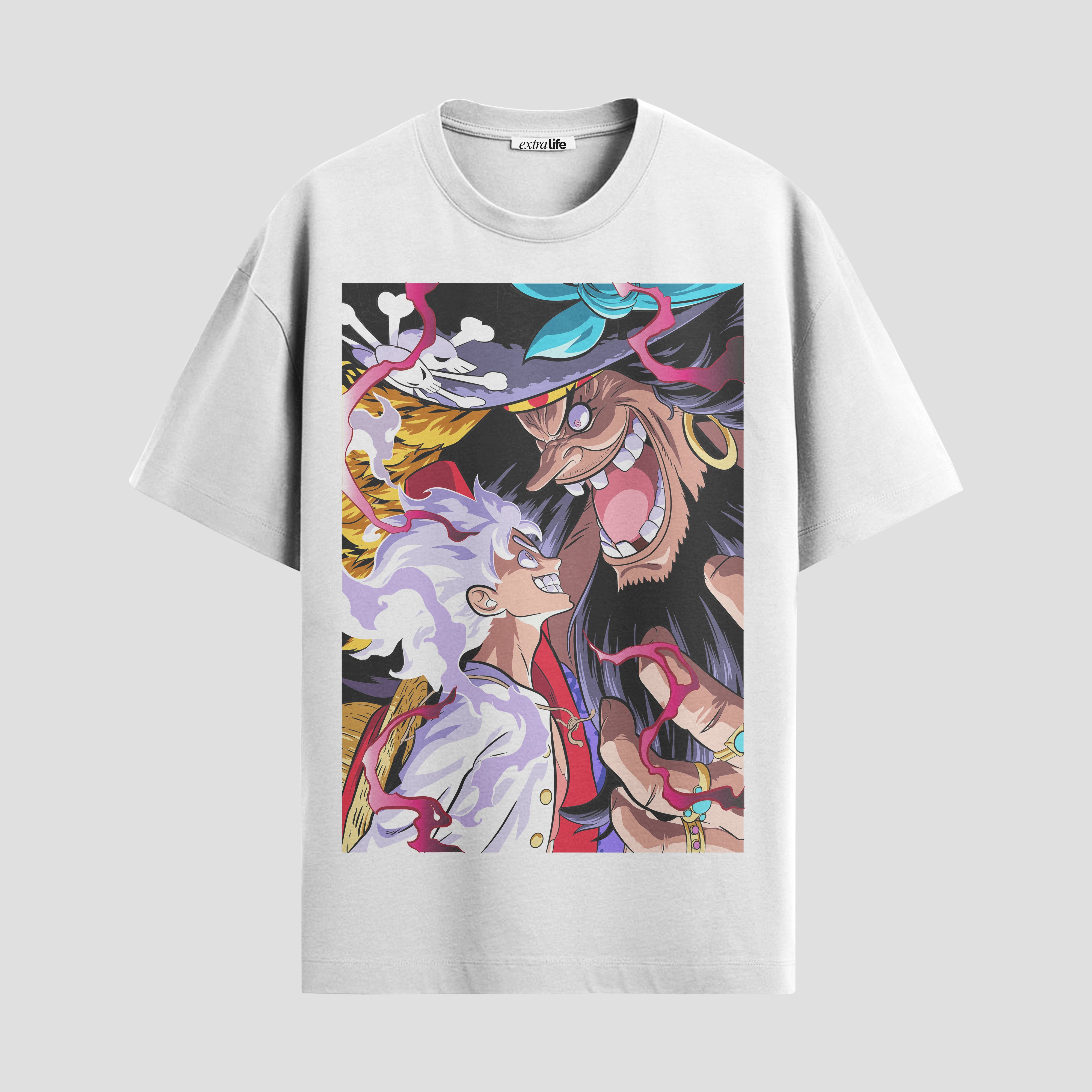 Playera urbana de anime y gaming ExtraLife MX, corte Standard Fit unisex ligero y transpirable en color Deep Black y Pure White, ropa de uso diario para gym y casual.