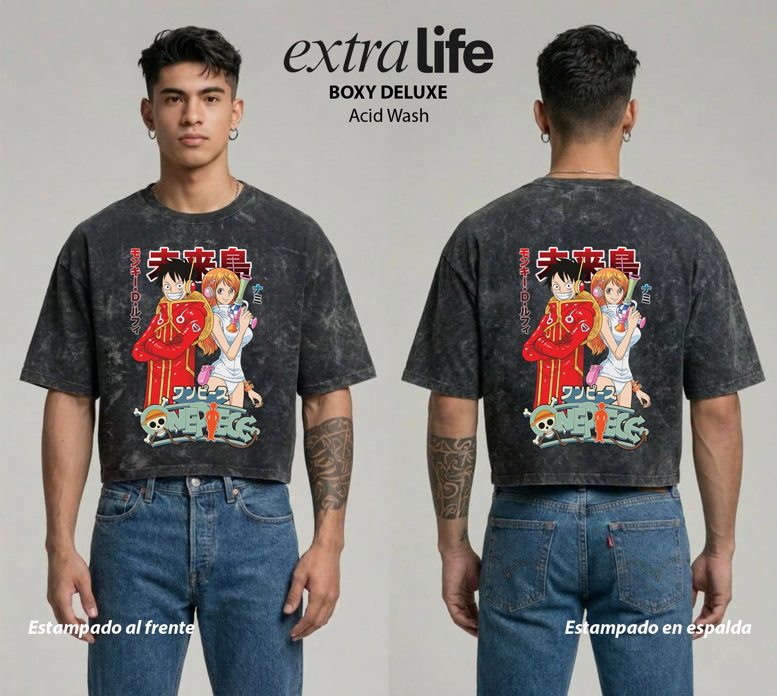 Playera streetwear premium de anime y gaming ExtraLife MX, corte boxy deluxe mineral wash heavyweight en color Acid Wash, moda urbana mexicana de culto.