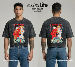 Playera streetwear premium de anime y gaming ExtraLife MX, corte boxy deluxe mineral wash heavyweight en color Acid Wash, moda urbana mexicana de culto.