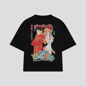 Playera streetwear premium de anime y gaming ExtraLife MX, corte boxy oversized drop shoulder heavyweight en color Deep Black y Off-White, moda urbana mexicana de culto.