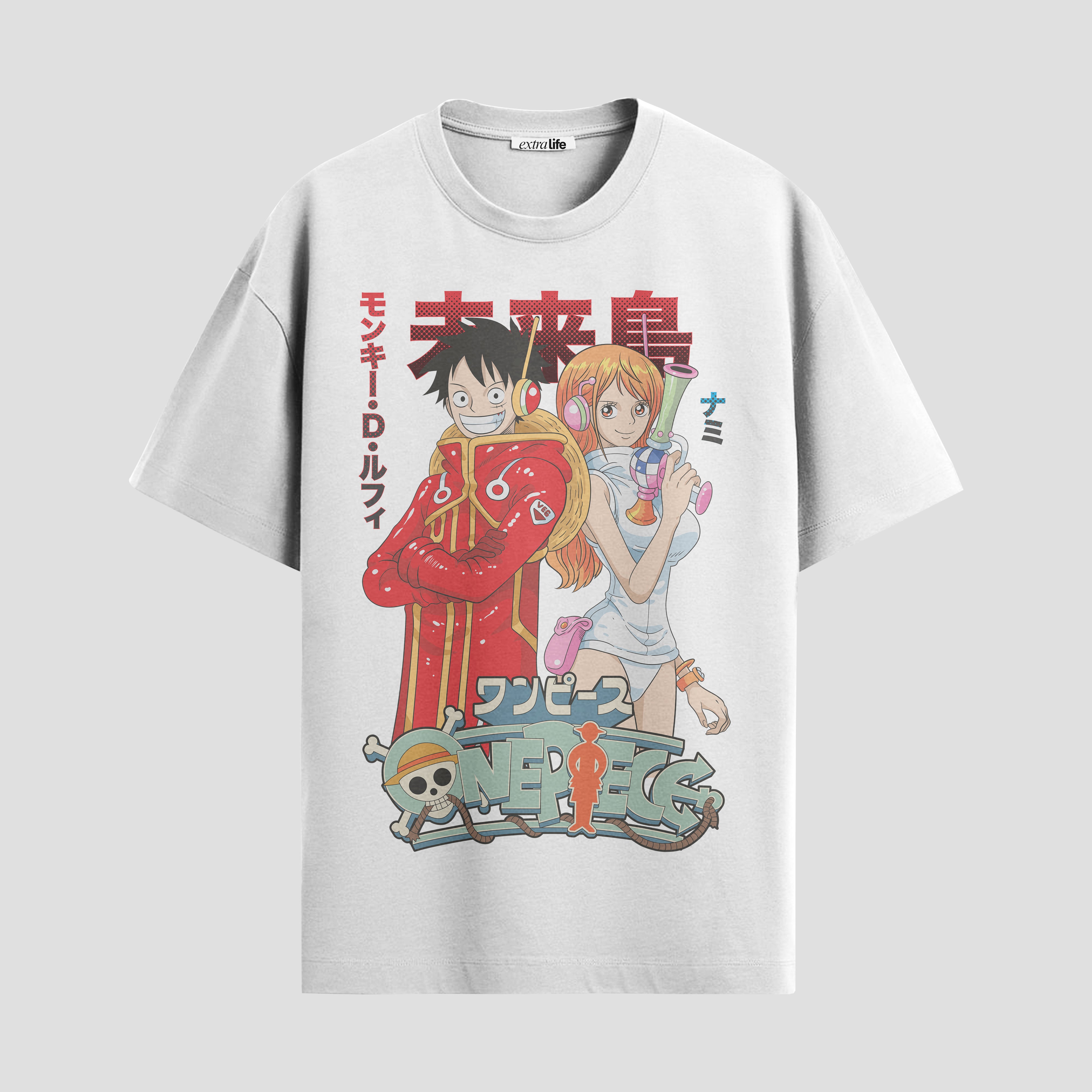 Playera urbana de anime y gaming ExtraLife MX, corte Standard Fit unisex ligero y transpirable en color Deep Black y Pure White, ropa de uso diario para gym y casual.