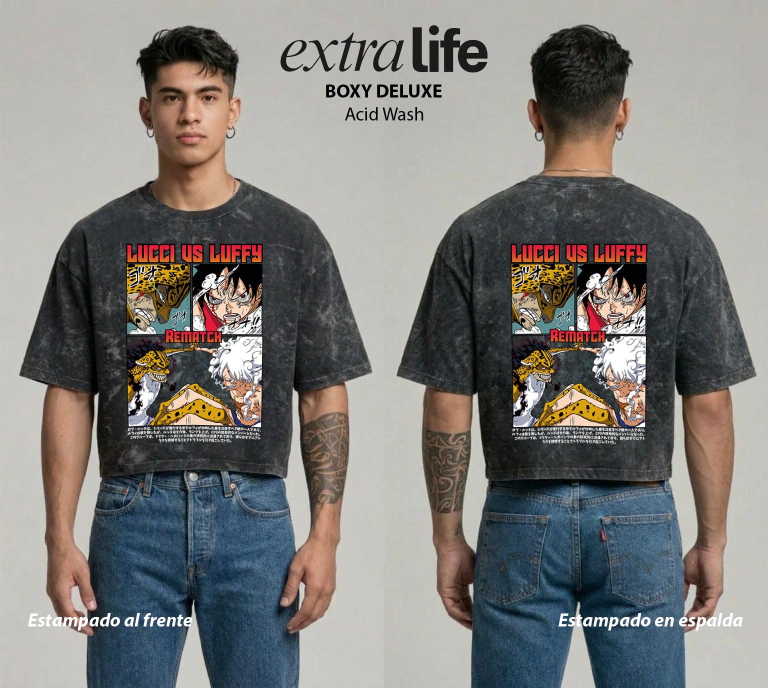 Playera streetwear premium de anime y gaming ExtraLife MX, corte boxy deluxe mineral wash heavyweight en color Acid Wash, moda urbana mexicana de culto.