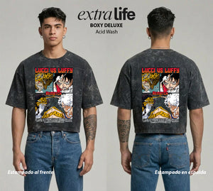 Playera streetwear premium de anime y gaming ExtraLife MX, corte boxy deluxe mineral wash heavyweight en color Acid Wash, moda urbana mexicana de culto.