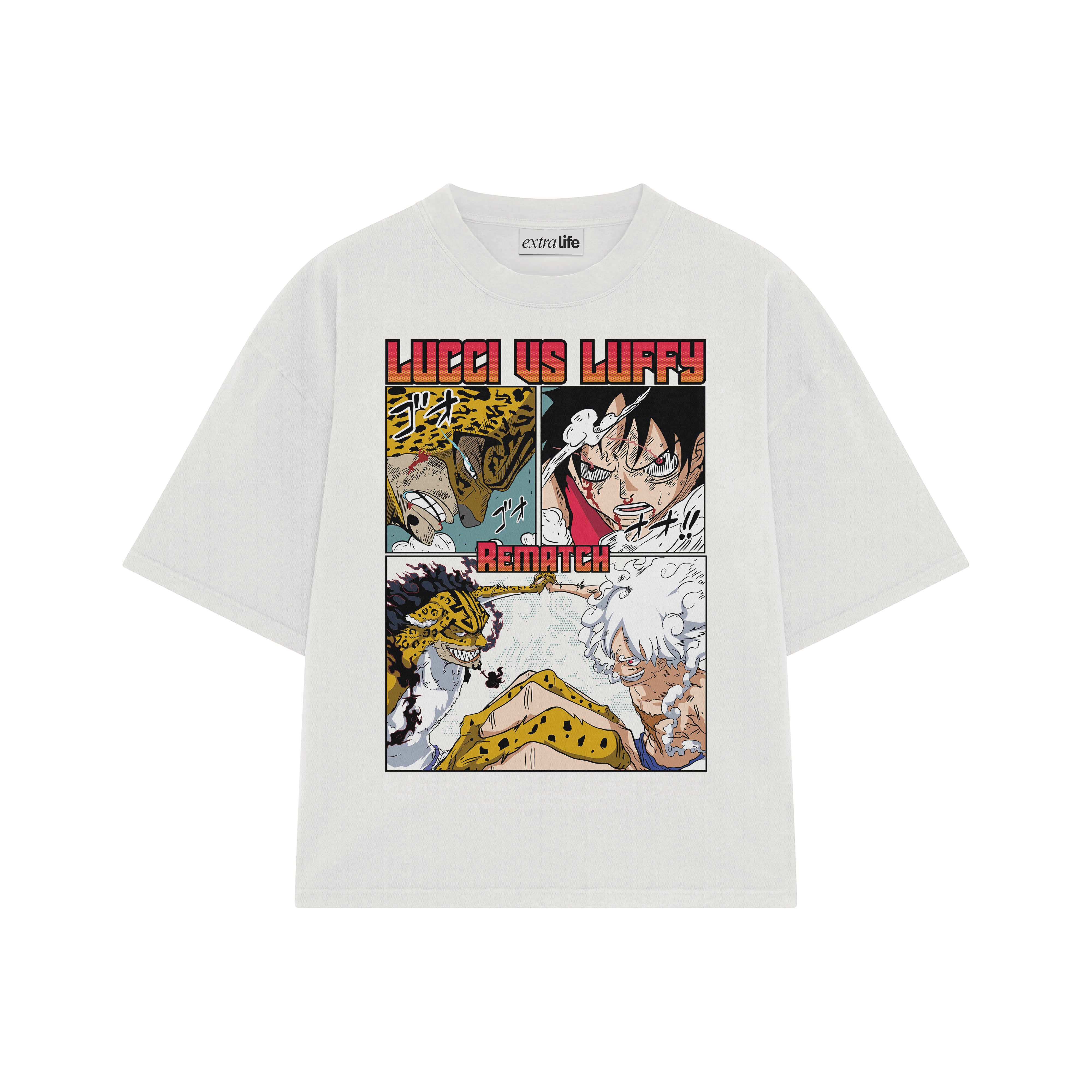 Playera streetwear premium de anime y gaming ExtraLife MX, corte boxy oversized drop shoulder heavyweight en color Deep Black y Off-White, moda urbana mexicana de culto.