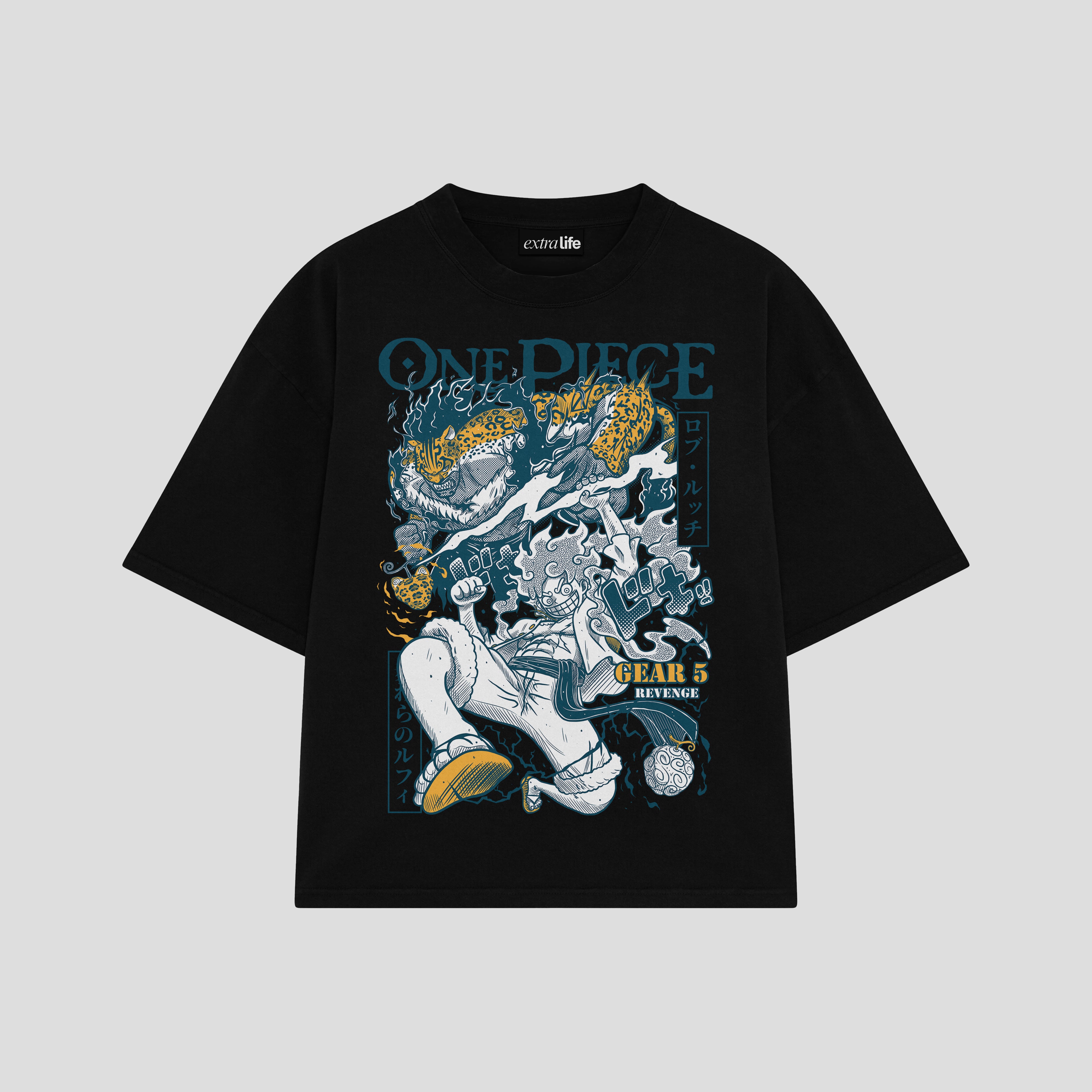 Playera streetwear premium de anime y gaming ExtraLife MX, corte boxy oversized drop shoulder heavyweight en color Deep Black y Off-White, moda urbana mexicana de culto.