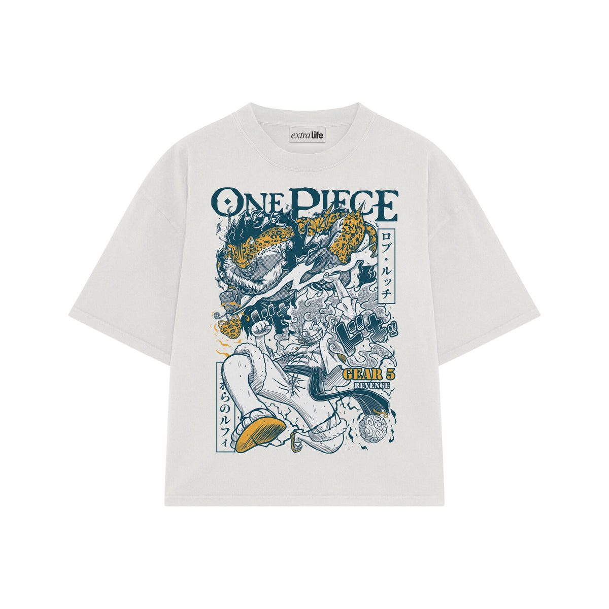 Playera streetwear premium de anime y gaming ExtraLife MX, corte oversized drop shoulder ligero y fresco en color Deep Black y Off-White, moda urbana mexicana de culto.