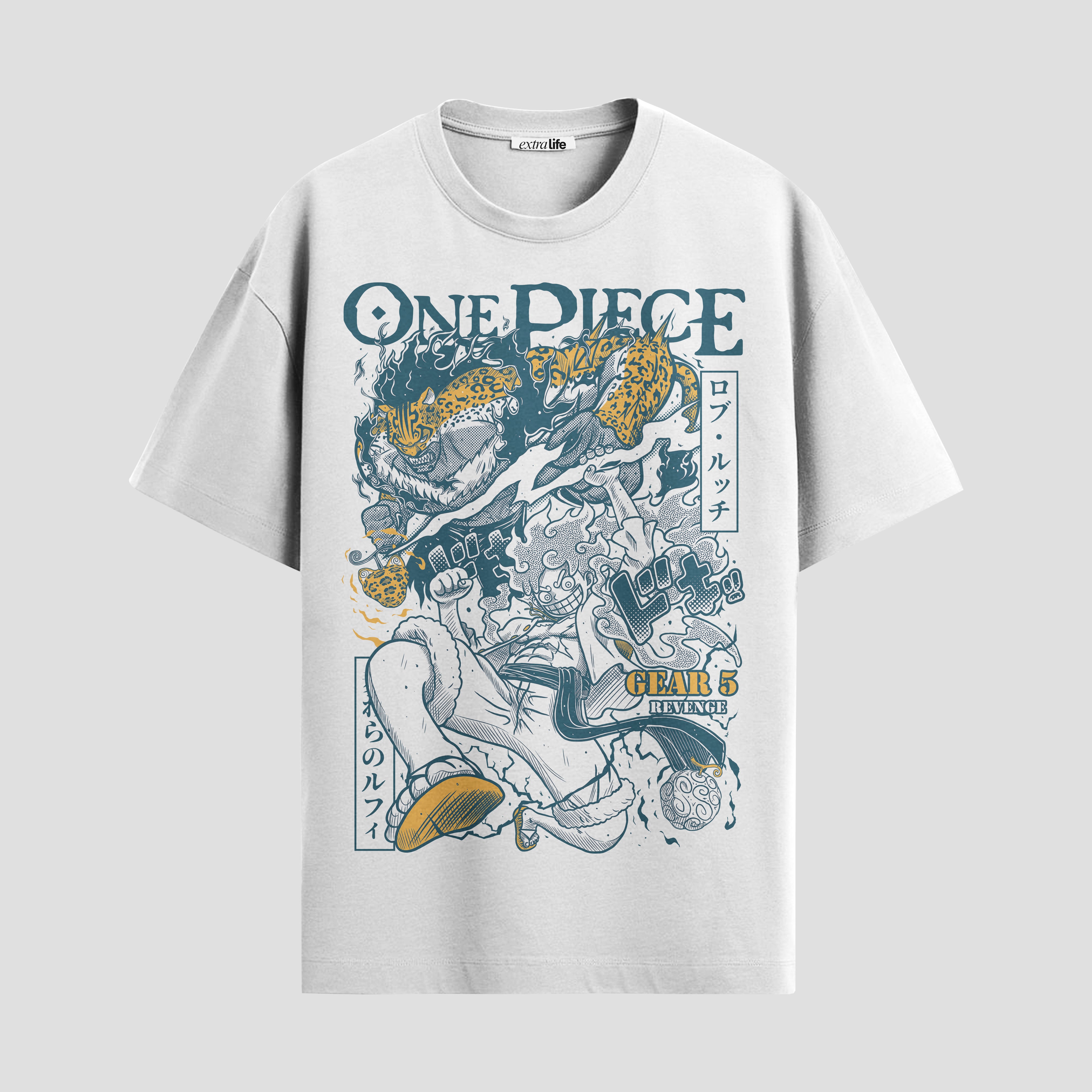 Playera urbana de anime y gaming ExtraLife MX, corte Standard Fit unisex ligero y transpirable en color Deep Black y Pure White, ropa de uso diario para gym y casual.