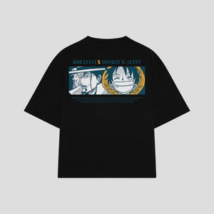 Playera streetwear premium de anime y gaming ExtraLife MX, corte boxy oversized drop shoulder heavyweight en color Deep Black y Off-White, moda urbana mexicana de culto.