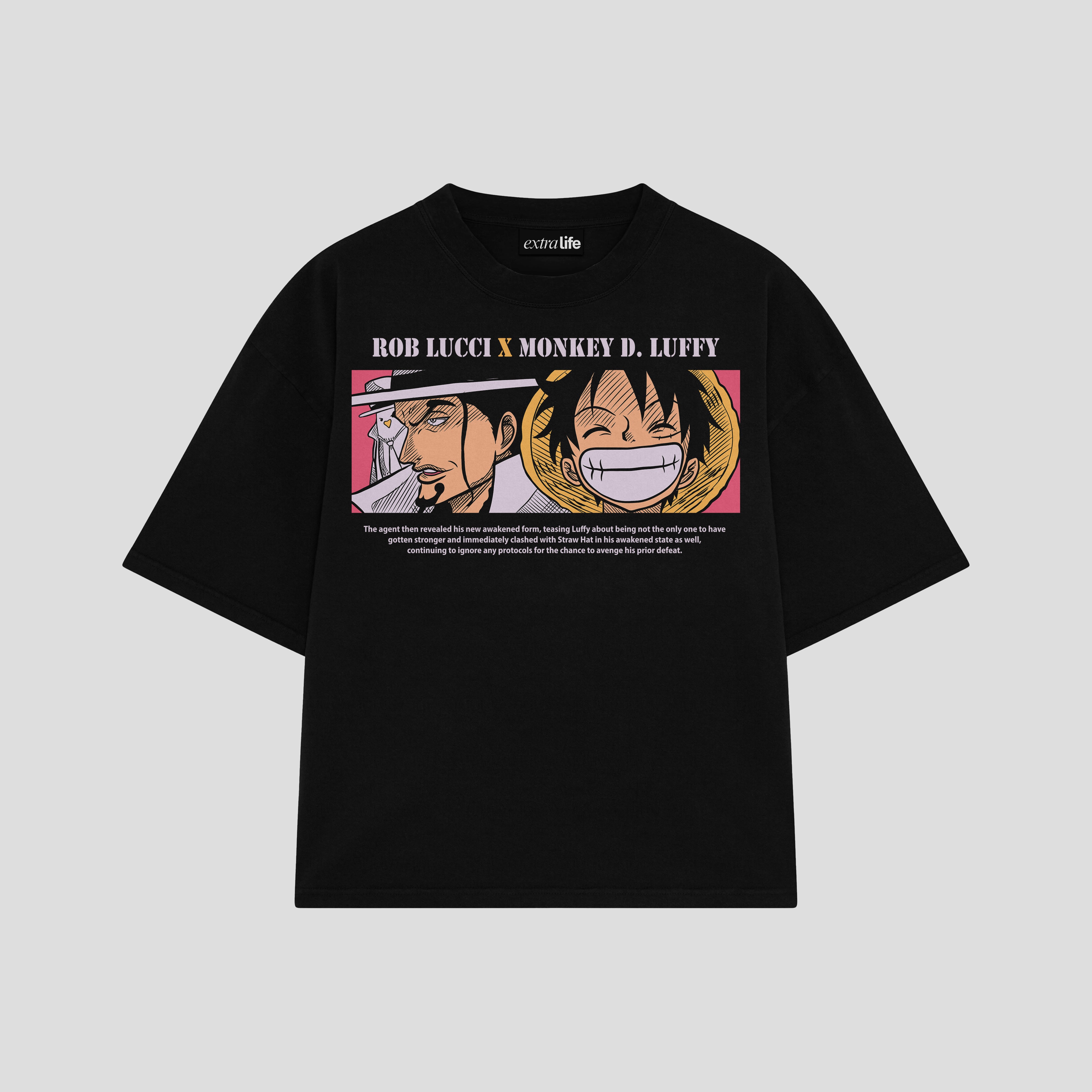 Playera streetwear premium de anime y gaming ExtraLife MX, corte boxy oversized drop shoulder heavyweight en color Deep Black y Off-White, moda urbana mexicana de culto.