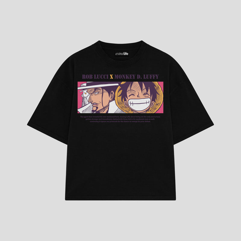 Playera streetwear premium de anime y gaming ExtraLife MX, corte boxy oversized drop shoulder heavyweight en color Deep Black y Off-White, moda urbana mexicana de culto.