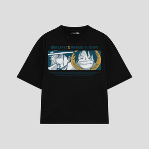 Playera streetwear premium de anime y gaming ExtraLife MX, corte boxy oversized drop shoulder heavyweight en color Deep Black y Off-White, moda urbana mexicana de culto.