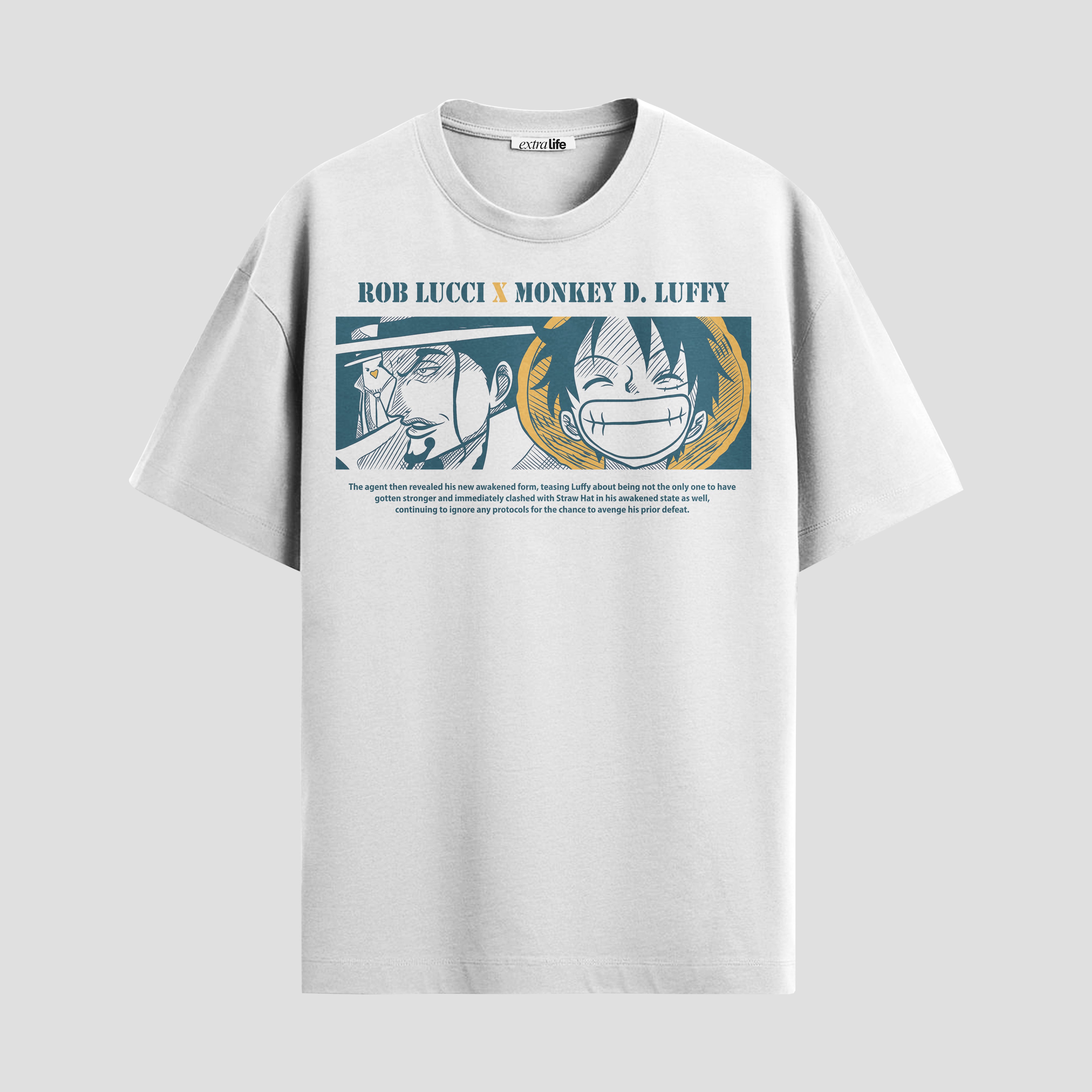 Playera urbana de anime y gaming ExtraLife MX, corte Standard Fit unisex ligero y transpirable en color Deep Black y Pure White, ropa de uso diario para gym y casual.
