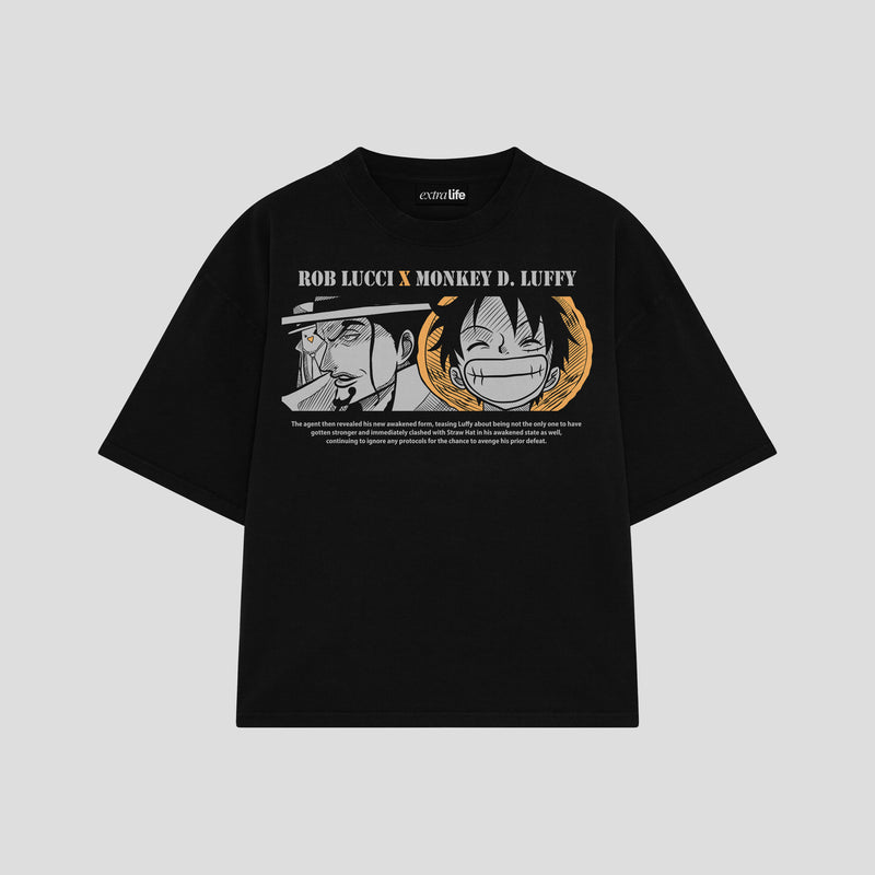 Playera streetwear premium de anime y gaming ExtraLife MX, corte boxy oversized drop shoulder heavyweight en color Deep Black y Off-White, moda urbana mexicana de culto.