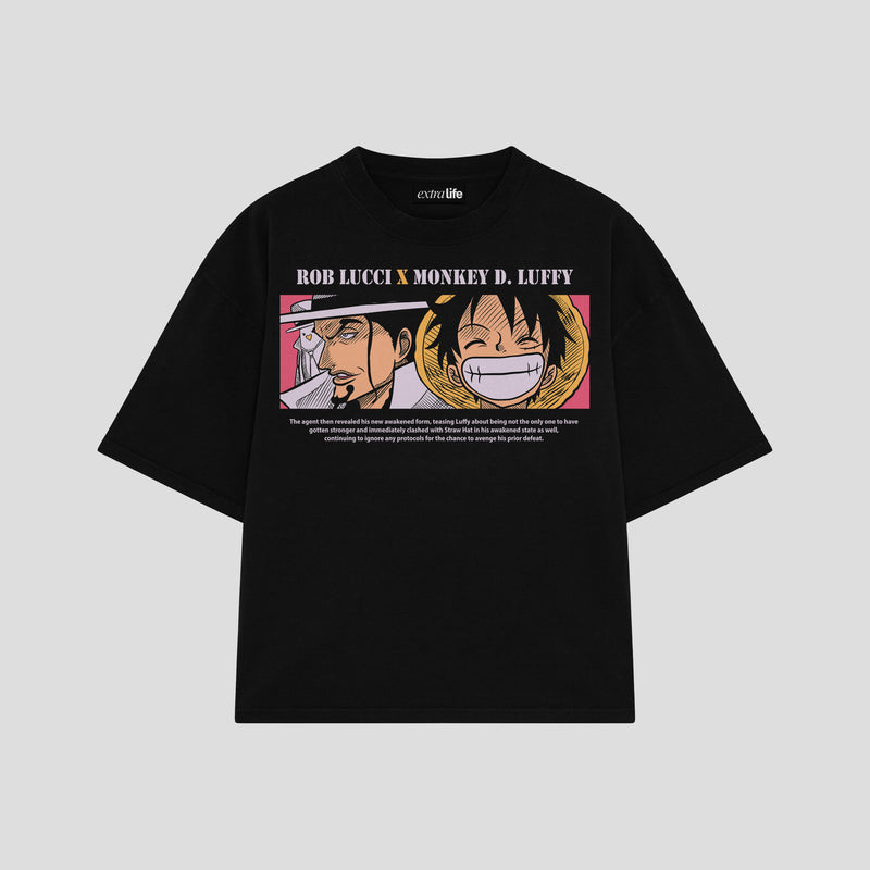 Playera streetwear premium de anime y gaming ExtraLife MX, corte boxy oversized drop shoulder heavyweight en color Deep Black y Off-White, moda urbana mexicana de culto.