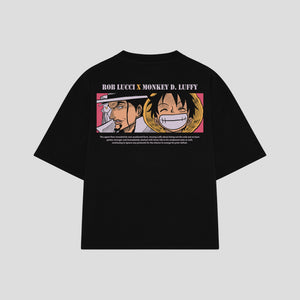 Playera streetwear premium de anime y gaming ExtraLife MX, corte boxy oversized drop shoulder heavyweight en color Deep Black y Off-White, moda urbana mexicana de culto.