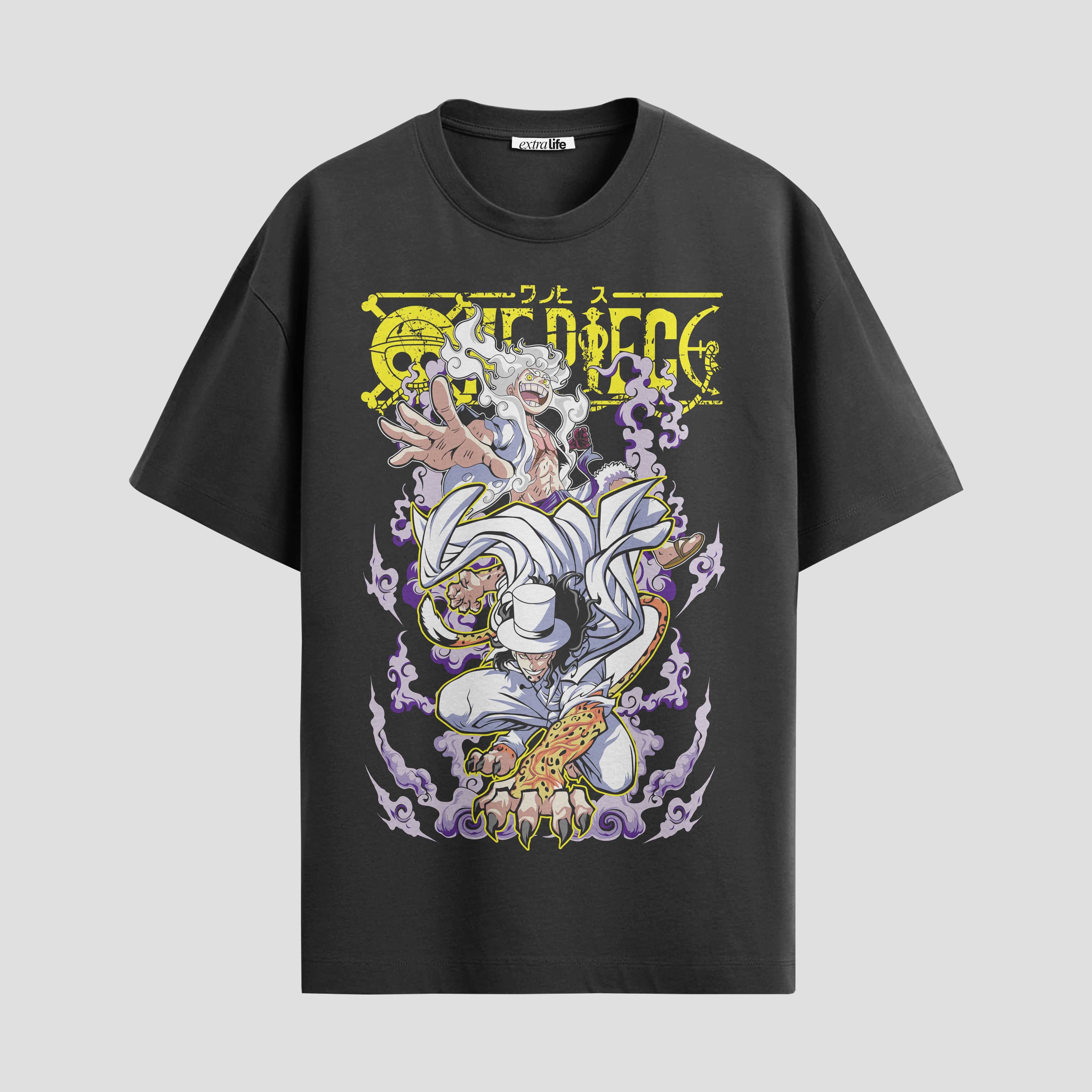 Playera urbana de anime y gaming ExtraLife MX, corte Standard Fit unisex ligero y transpirable en color Deep Black y Pure White, ropa de uso diario para gym y casual.