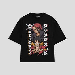 Playera streetwear premium de anime y gaming ExtraLife MX, corte boxy oversized drop shoulder heavyweight en color Deep Black y Off-White, moda urbana mexicana de culto.