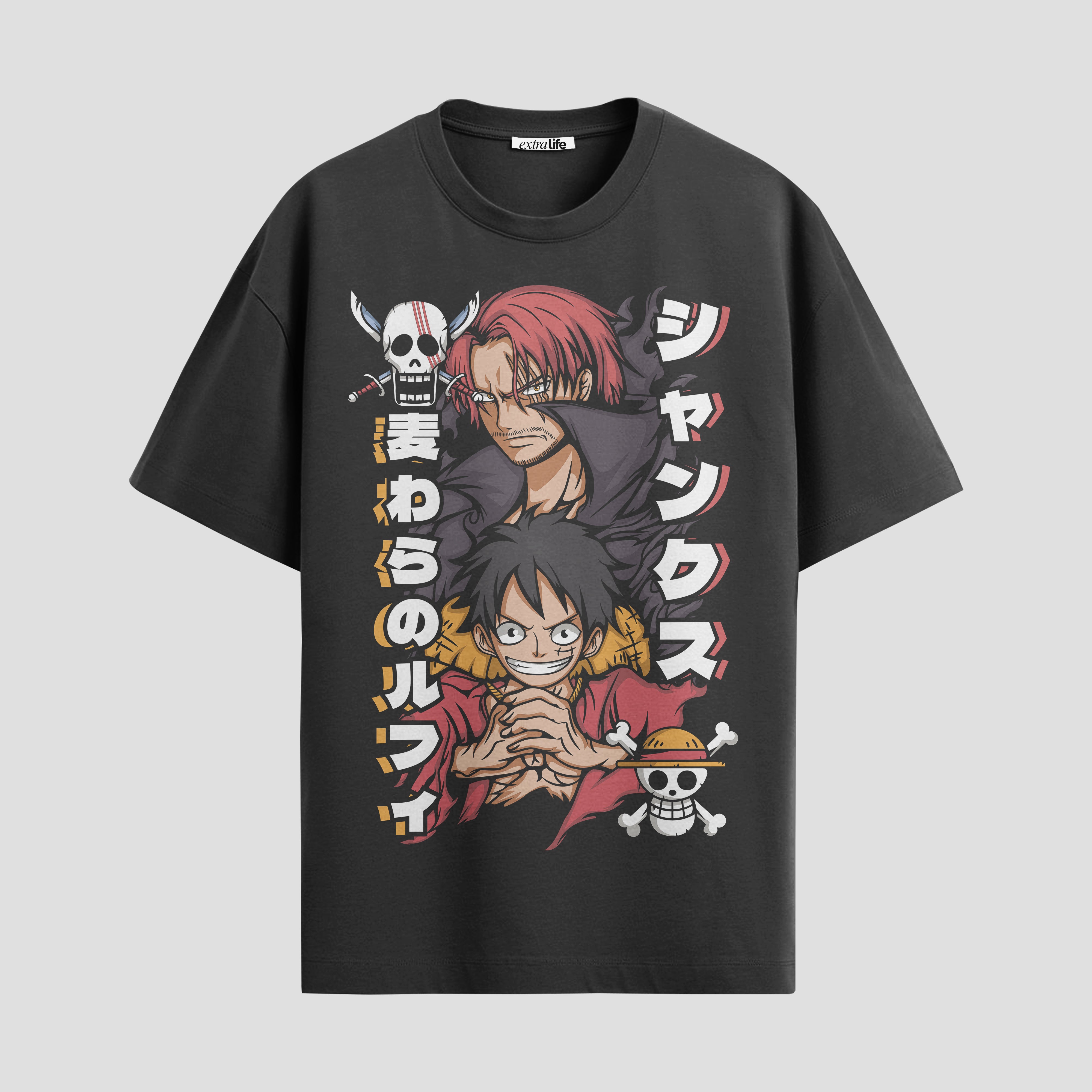 Playera urbana de anime y gaming ExtraLife MX, corte Standard Fit unisex ligero y transpirable en color Deep Black y Pure White, ropa de uso diario para gym y casual.