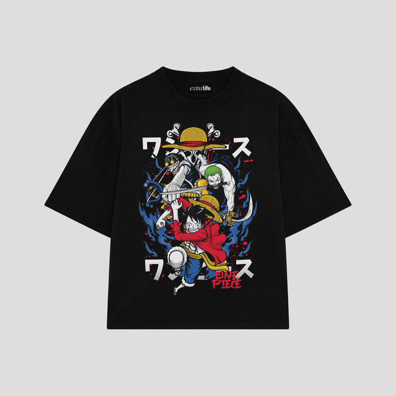 Playera streetwear premium de anime y gaming ExtraLife MX, corte boxy oversized drop shoulder heavyweight en color Deep Black y Off-White, moda urbana mexicana de culto.