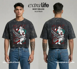 Playera streetwear premium de anime y gaming ExtraLife MX, corte boxy deluxe mineral wash heavyweight en color Acid Wash, moda urbana mexicana de culto.