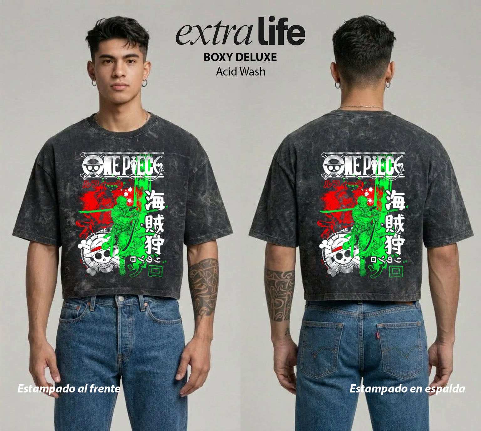 Playera streetwear premium de anime y gaming ExtraLife MX, corte boxy deluxe mineral wash heavyweight en color Acid Wash, moda urbana mexicana de culto.
