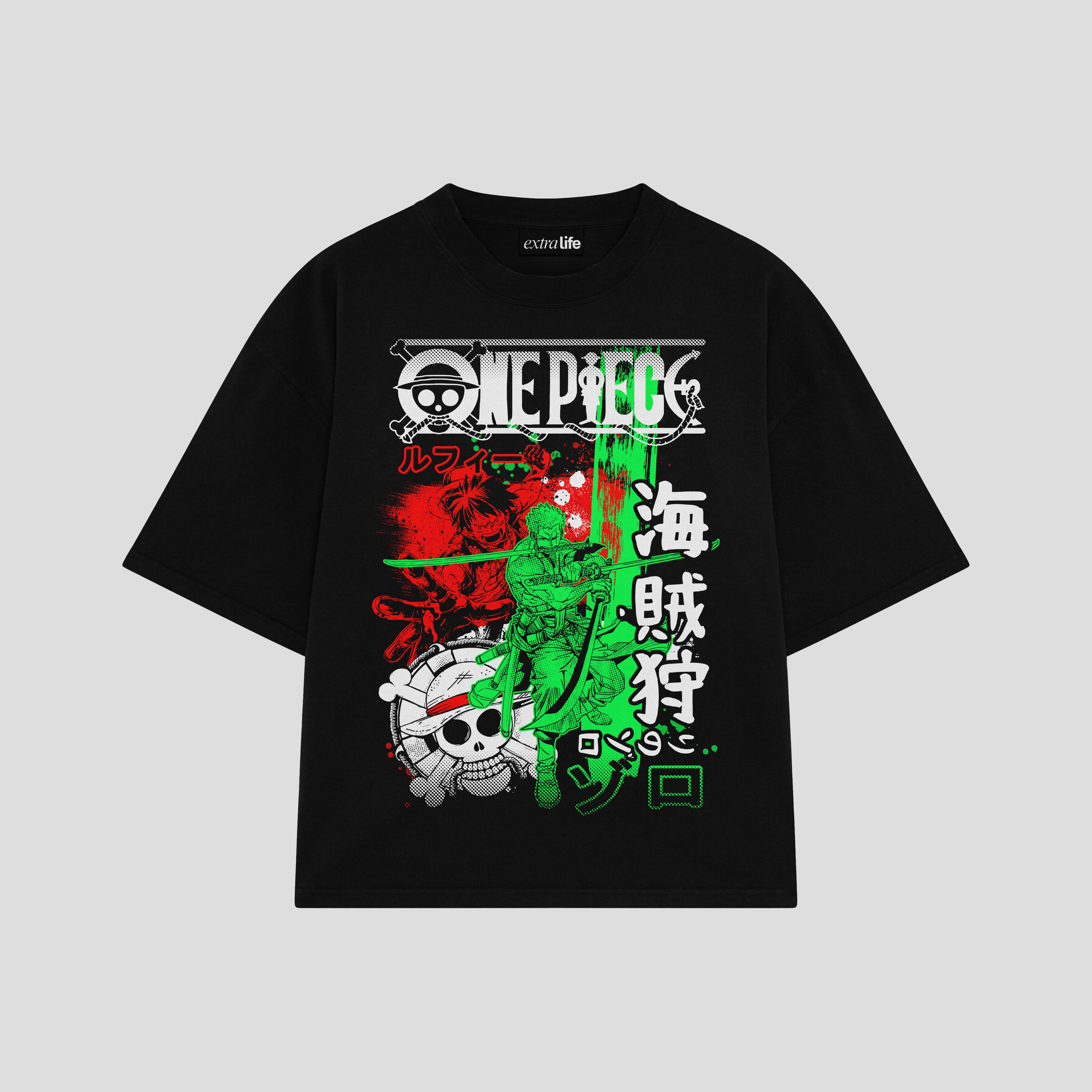 Playera streetwear premium de anime y gaming ExtraLife MX, corte boxy oversized drop shoulder heavyweight en color Deep Black y Off-White, moda urbana mexicana de culto.