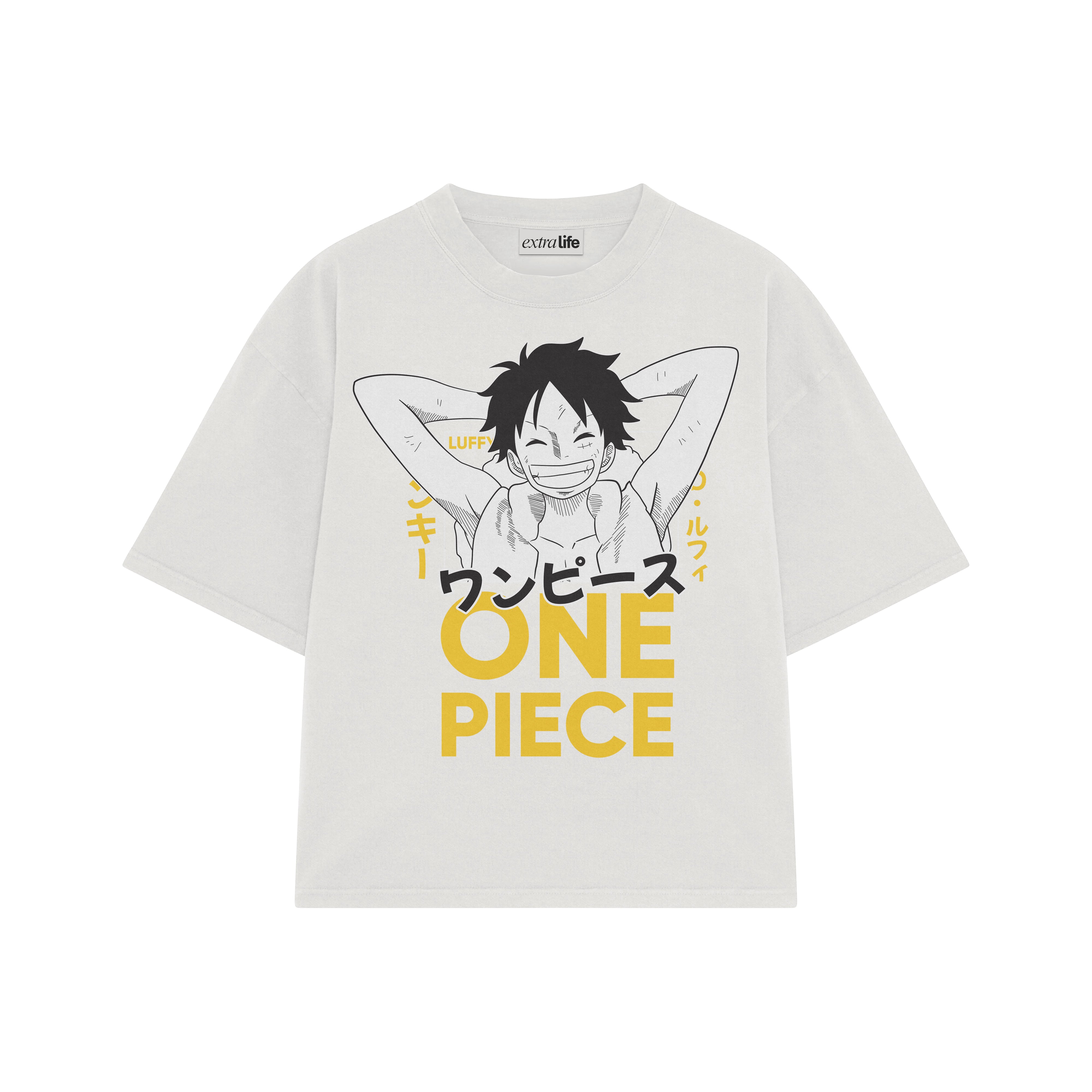 Playera streetwear premium de anime y gaming ExtraLife MX, corte boxy oversized drop shoulder heavyweight en color Deep Black y Off-White, moda urbana mexicana de culto.