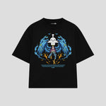 Playera streetwear premium de anime y gaming ExtraLife MX, corte boxy oversized drop shoulder heavyweight en color Deep Black y Off-White, moda urbana mexicana de culto.