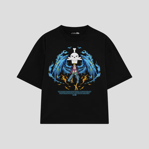 Playera streetwear premium de anime y gaming ExtraLife MX, corte boxy oversized drop shoulder heavyweight en color Deep Black y Off-White, moda urbana mexicana de culto.