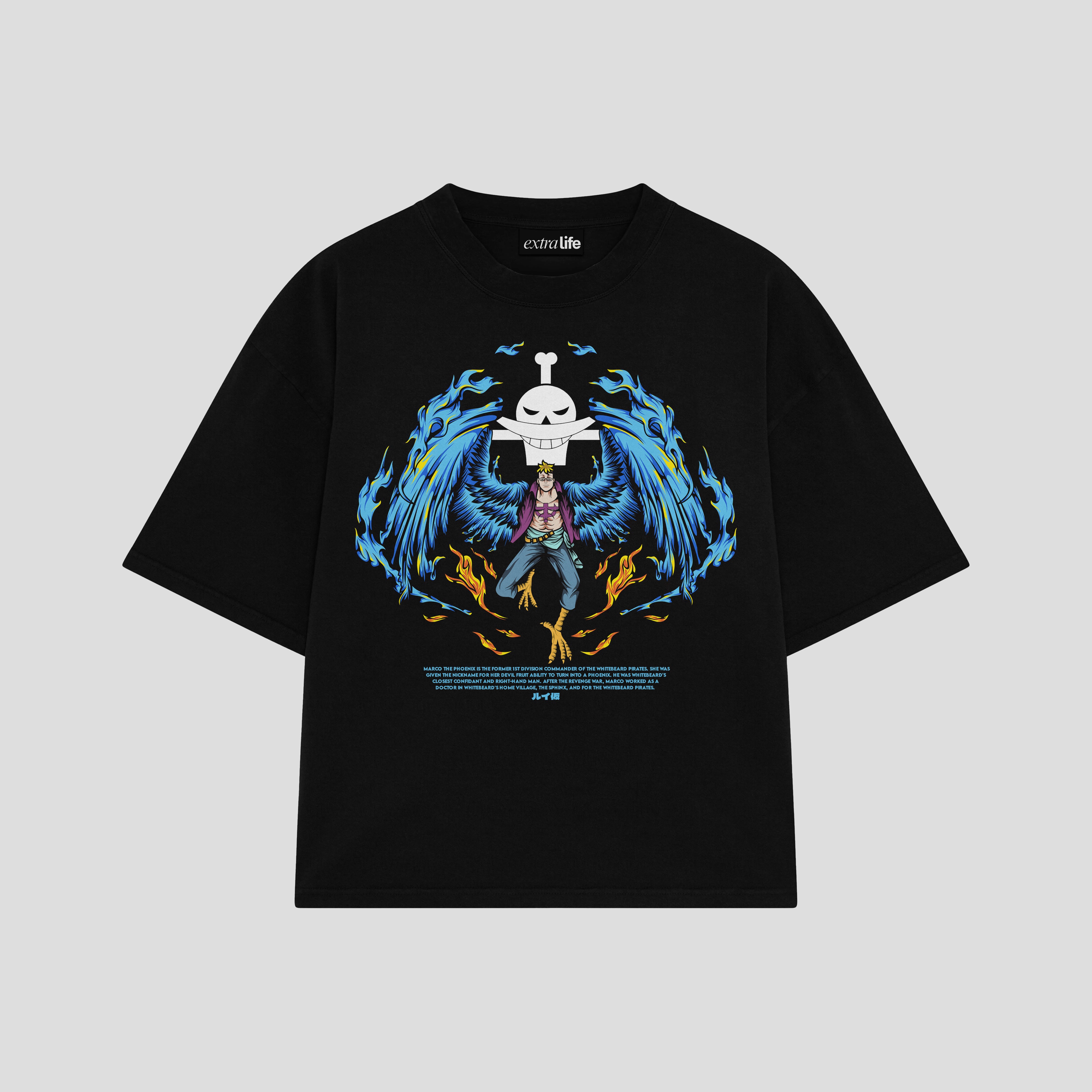Playera streetwear premium de anime y gaming ExtraLife MX, corte boxy oversized drop shoulder heavyweight en color Deep Black y Off-White, moda urbana mexicana de culto.