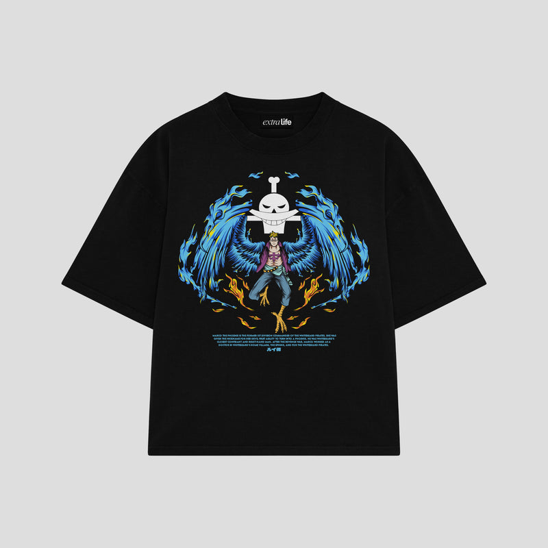 Playera streetwear premium de anime y gaming ExtraLife MX, corte boxy oversized drop shoulder heavyweight en color Deep Black y Off-White, moda urbana mexicana de culto.