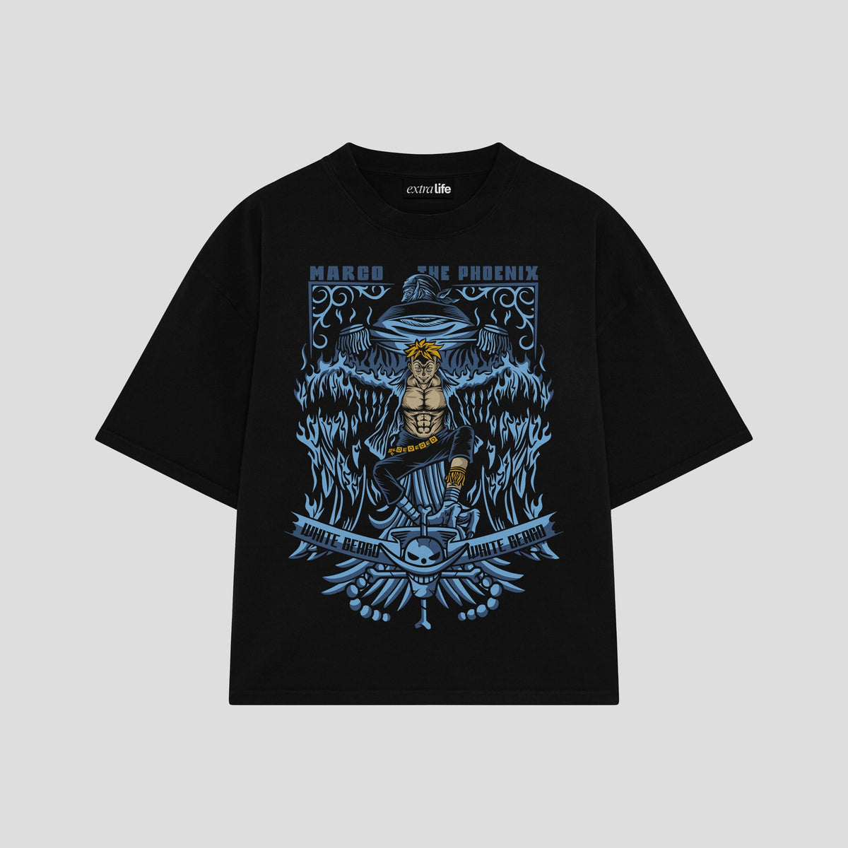 Playera streetwear premium de anime y gaming ExtraLife MX, corte oversized drop shoulder ligero y fresco en color Deep Black y Off-White, moda urbana mexicana de culto.