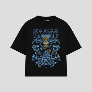 Playera streetwear premium de anime y gaming ExtraLife MX, corte boxy oversized drop shoulder heavyweight en color Deep Black y Off-White, moda urbana mexicana de culto.