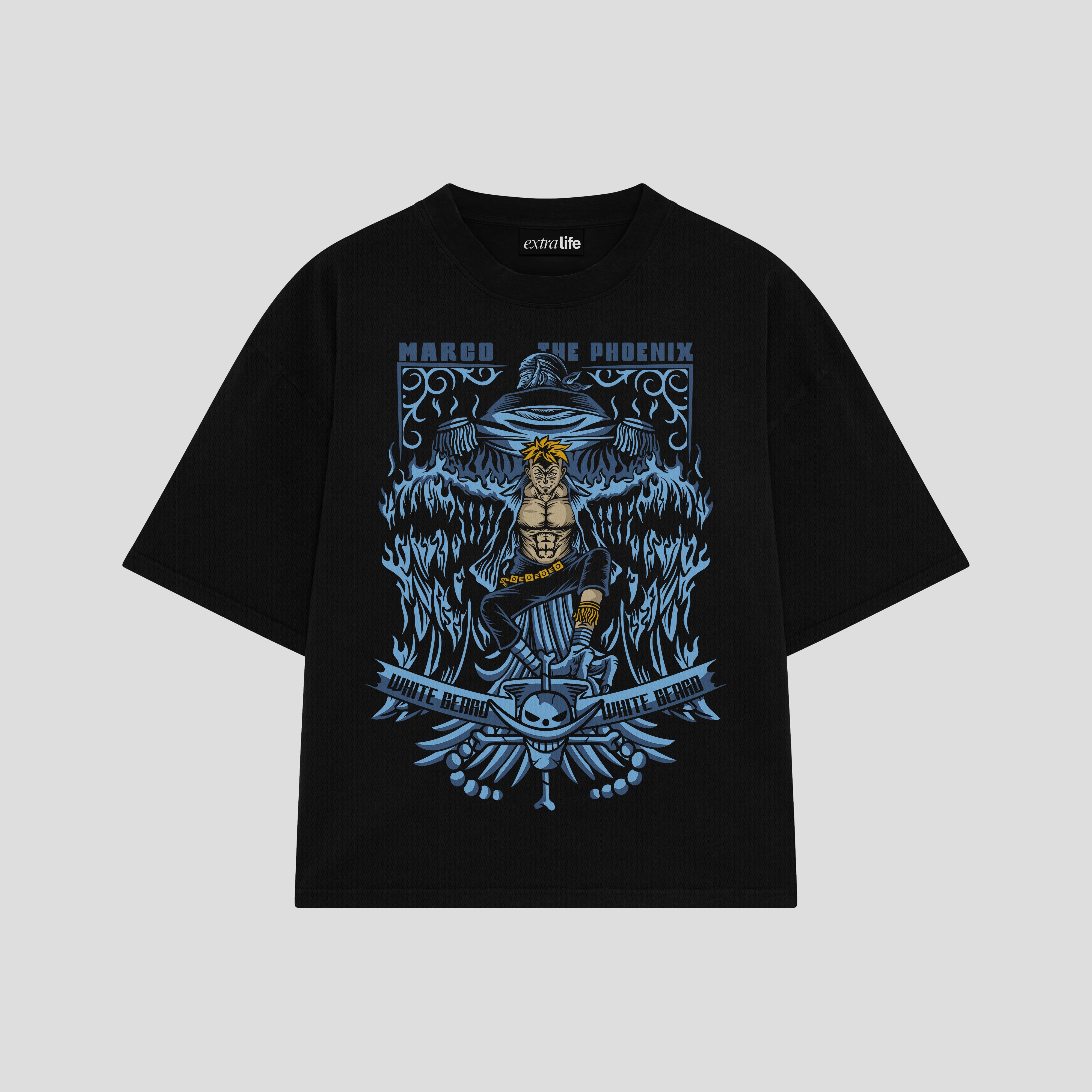 Playera streetwear premium de anime y gaming ExtraLife MX, corte boxy oversized drop shoulder heavyweight en color Deep Black y Off-White, moda urbana mexicana de culto.