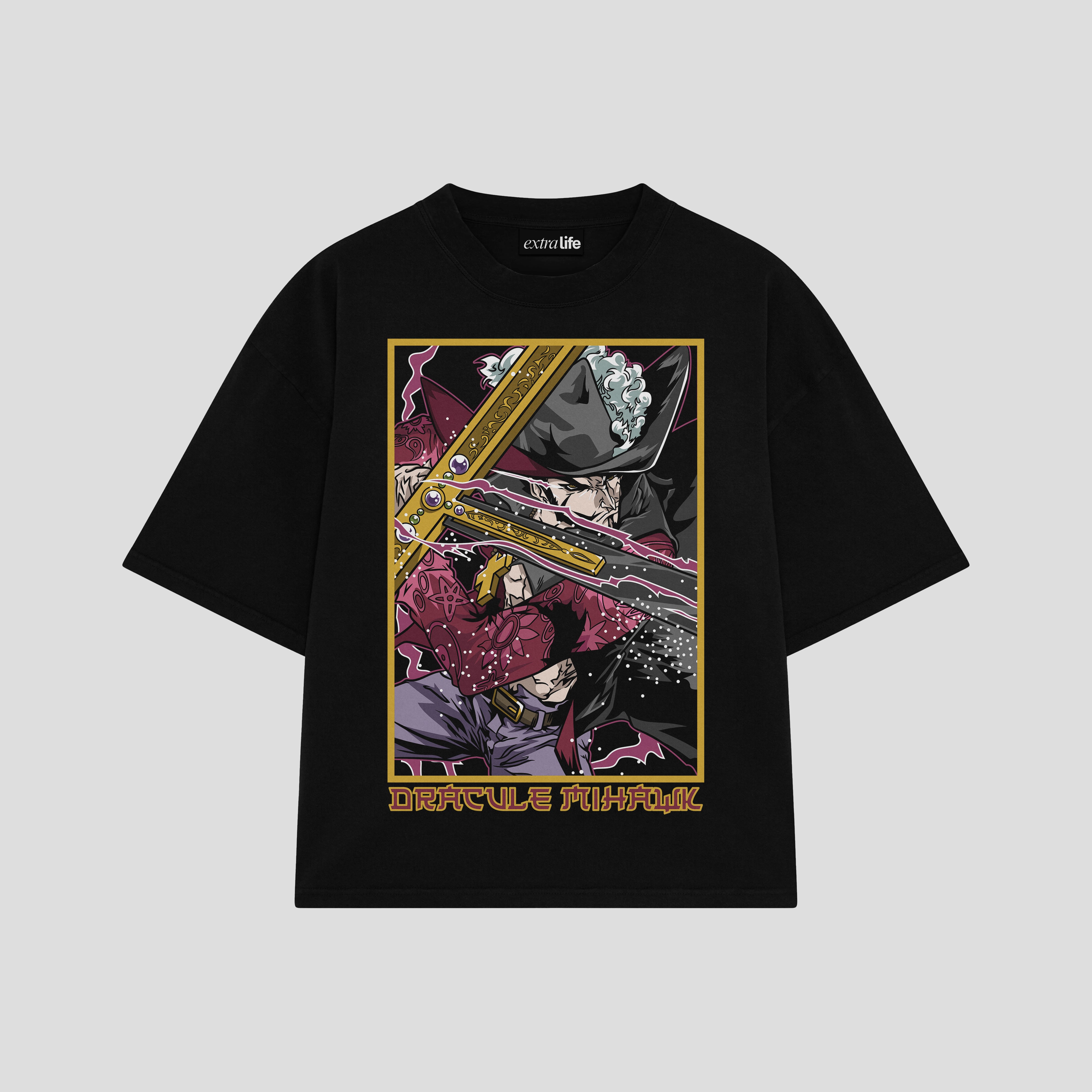 Playera streetwear premium de anime y gaming ExtraLife MX, corte boxy oversized drop shoulder heavyweight en color Deep Black y Off-White, moda urbana mexicana de culto.