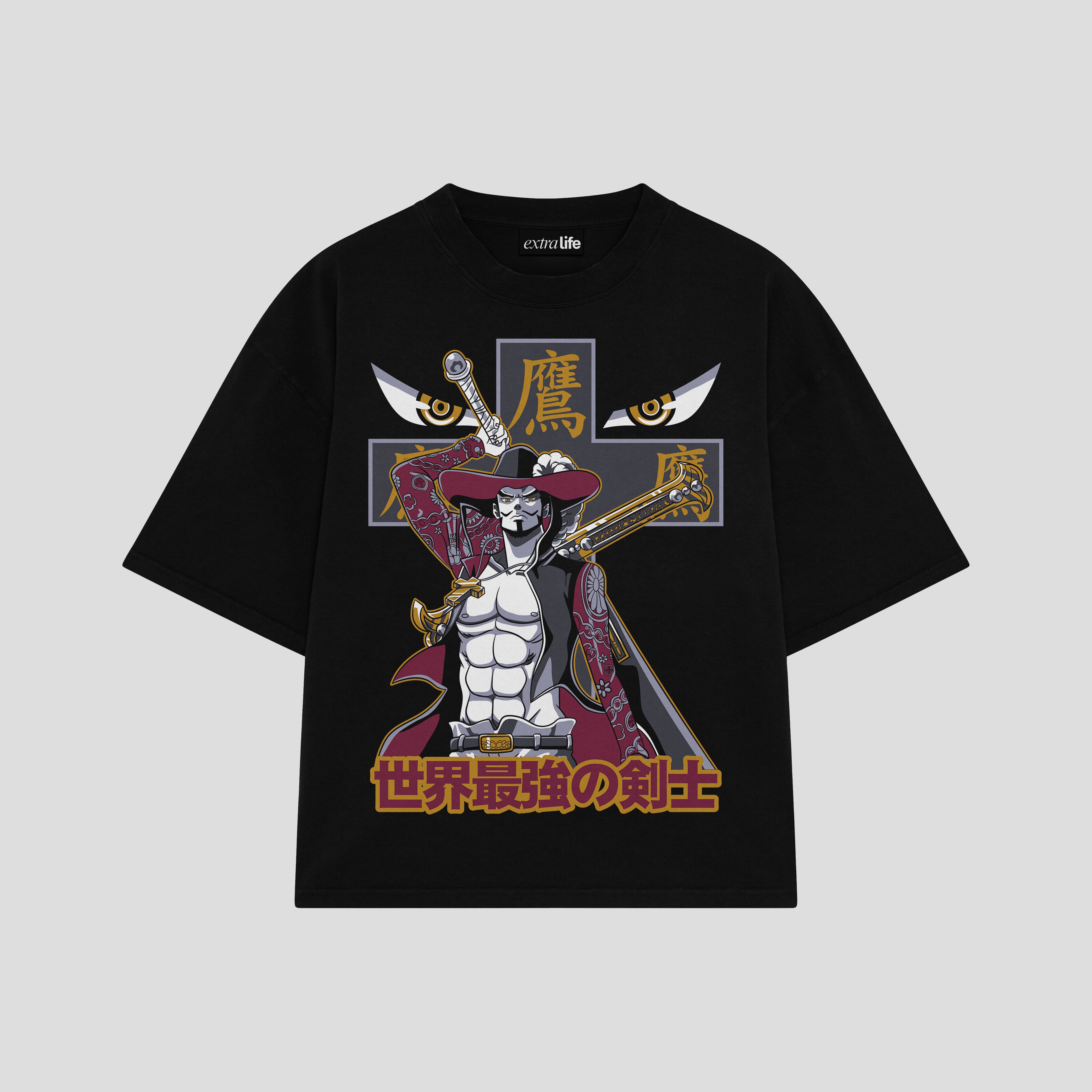 Playera streetwear premium de anime y gaming ExtraLife MX, corte boxy oversized drop shoulder heavyweight en color Deep Black y Off-White, moda urbana mexicana de culto.