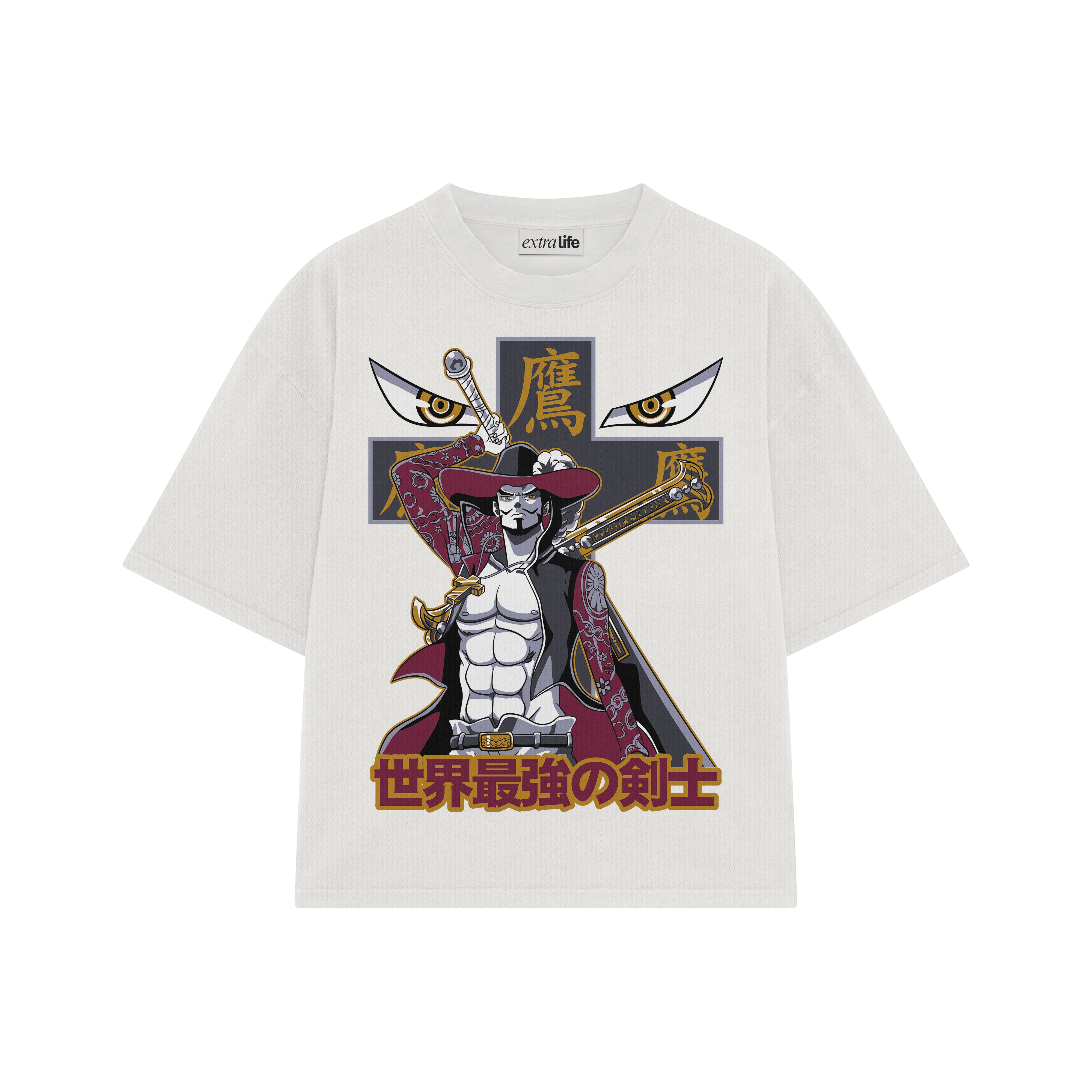 Playera streetwear premium de anime y gaming ExtraLife MX, corte boxy oversized drop shoulder heavyweight en color Deep Black y Off-White, moda urbana mexicana de culto.
