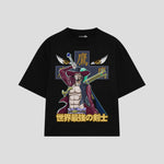 Playera streetwear premium de anime y gaming ExtraLife MX, corte boxy oversized drop shoulder heavyweight en color Deep Black y Off-White, moda urbana mexicana de culto.