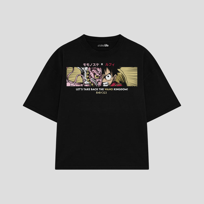 Playera streetwear premium de anime y gaming ExtraLife MX, corte boxy oversized drop shoulder heavyweight en color Deep Black y Off-White, moda urbana mexicana de culto.
