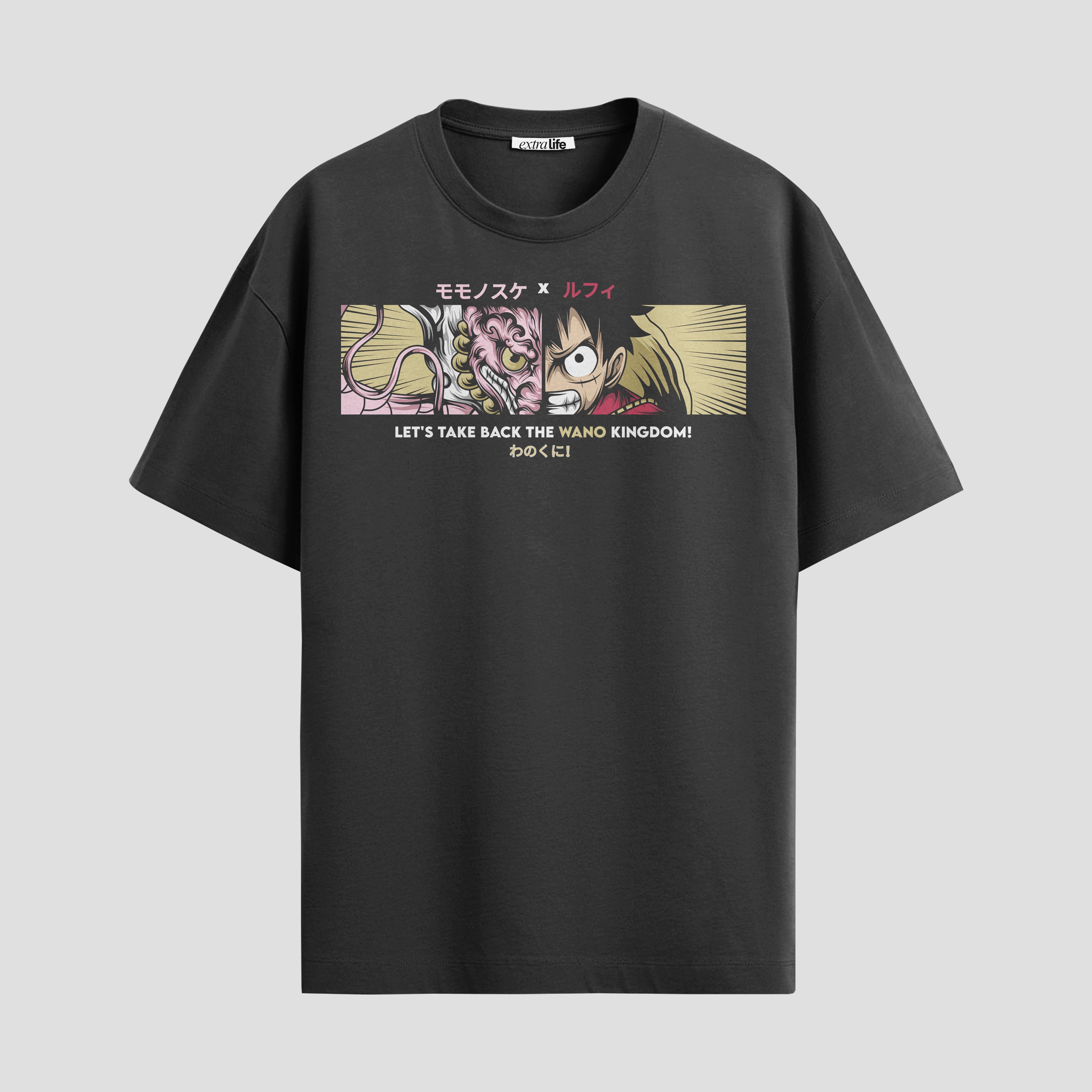 Playera urbana de anime y gaming ExtraLife MX, corte Standard Fit unisex ligero y transpirable en color Deep Black y Pure White, ropa de uso diario para gym y casual.