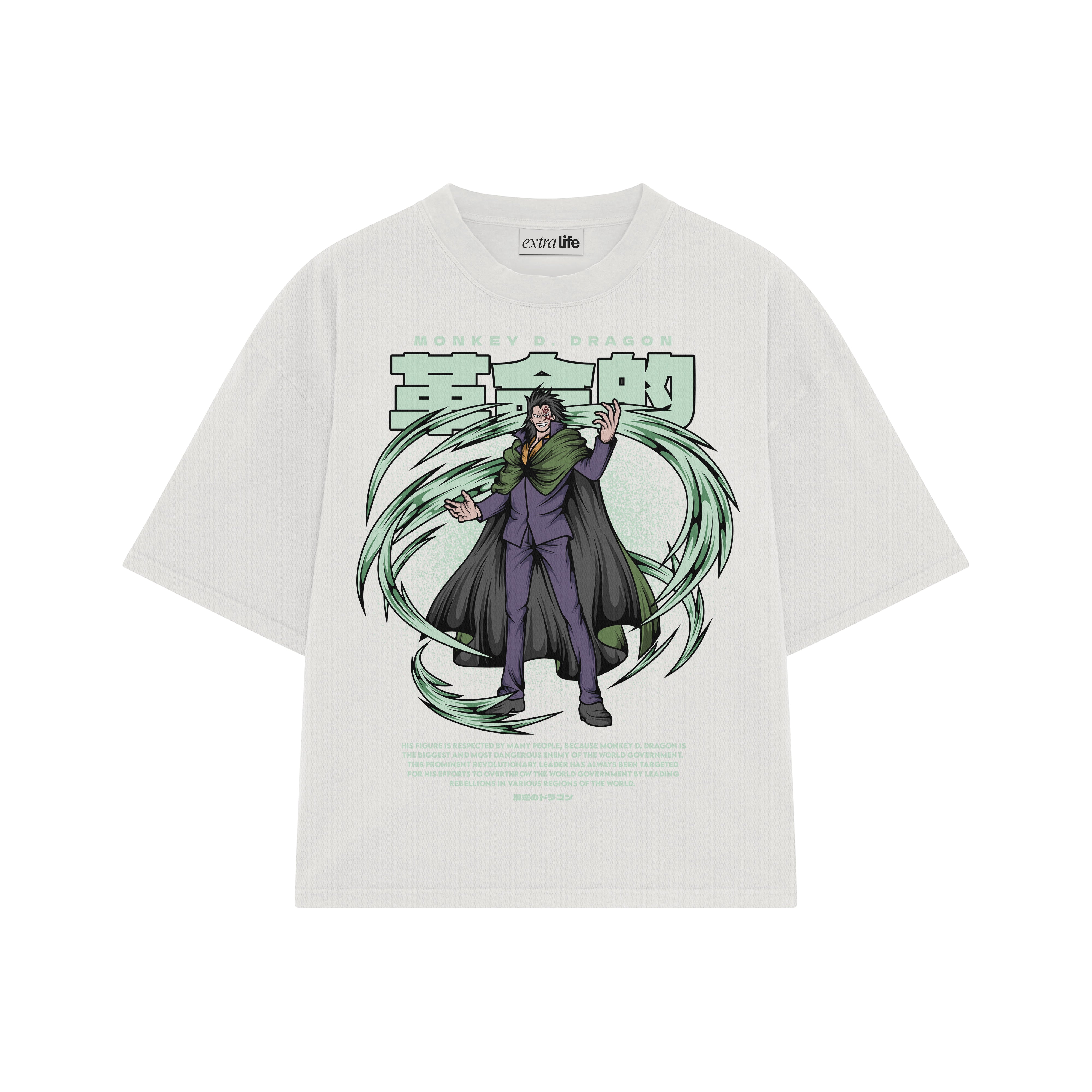 Playera streetwear premium de anime y gaming ExtraLife MX, corte boxy oversized drop shoulder heavyweight en color Deep Black y Off-White, moda urbana mexicana de culto.