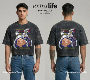Playera streetwear premium de anime y gaming ExtraLife MX, corte boxy deluxe mineral wash heavyweight en color Acid Wash, moda urbana mexicana de culto.