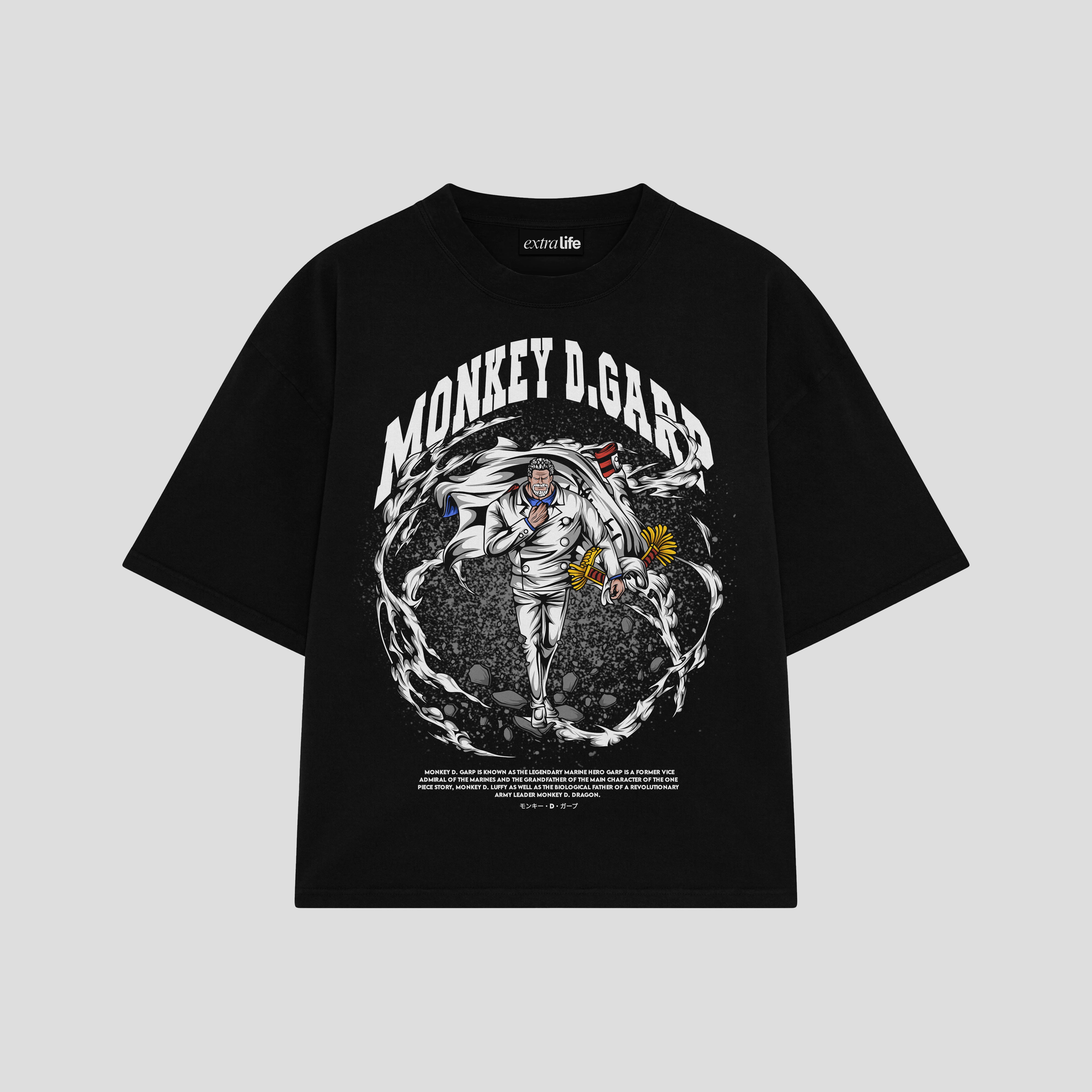 Playera streetwear premium de anime y gaming ExtraLife MX, corte boxy oversized drop shoulder heavyweight en color Deep Black y Off-White, moda urbana mexicana de culto.