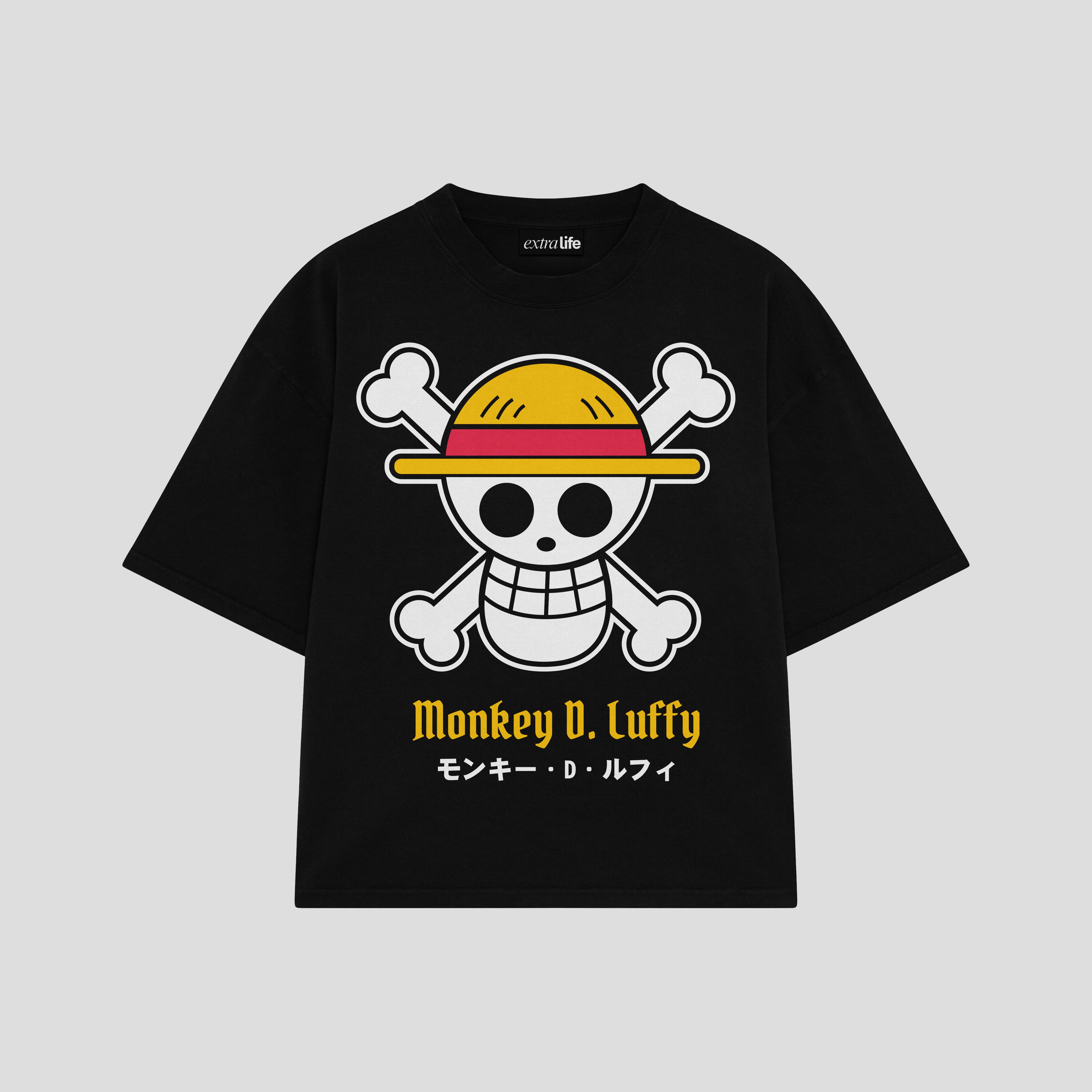 Playera streetwear premium de anime y gaming ExtraLife MX, corte boxy oversized drop shoulder heavyweight en color Deep Black y Off-White, moda urbana mexicana de culto.