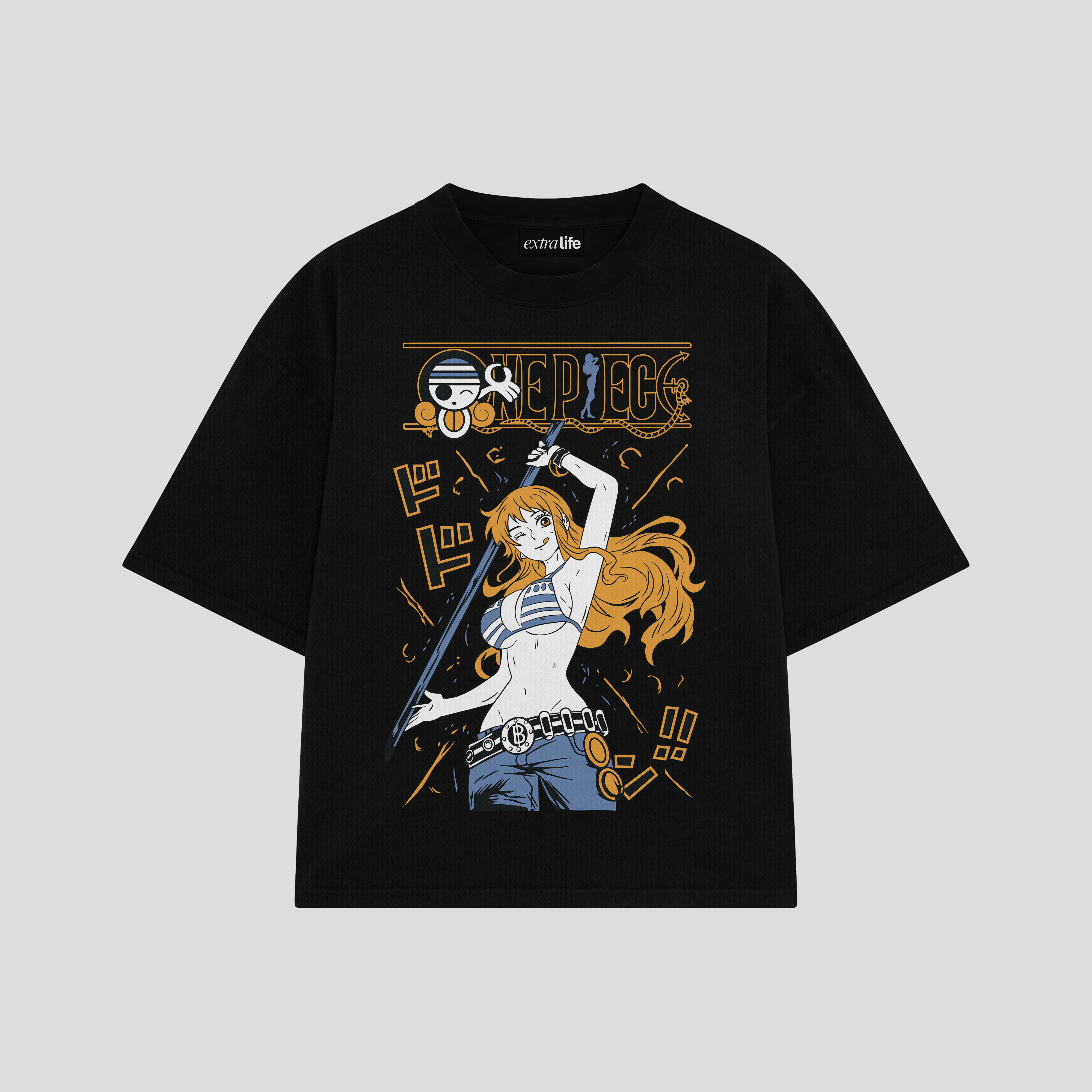 Playera streetwear premium de anime y gaming ExtraLife MX, corte boxy oversized drop shoulder heavyweight en color Deep Black y Off-White, moda urbana mexicana de culto.