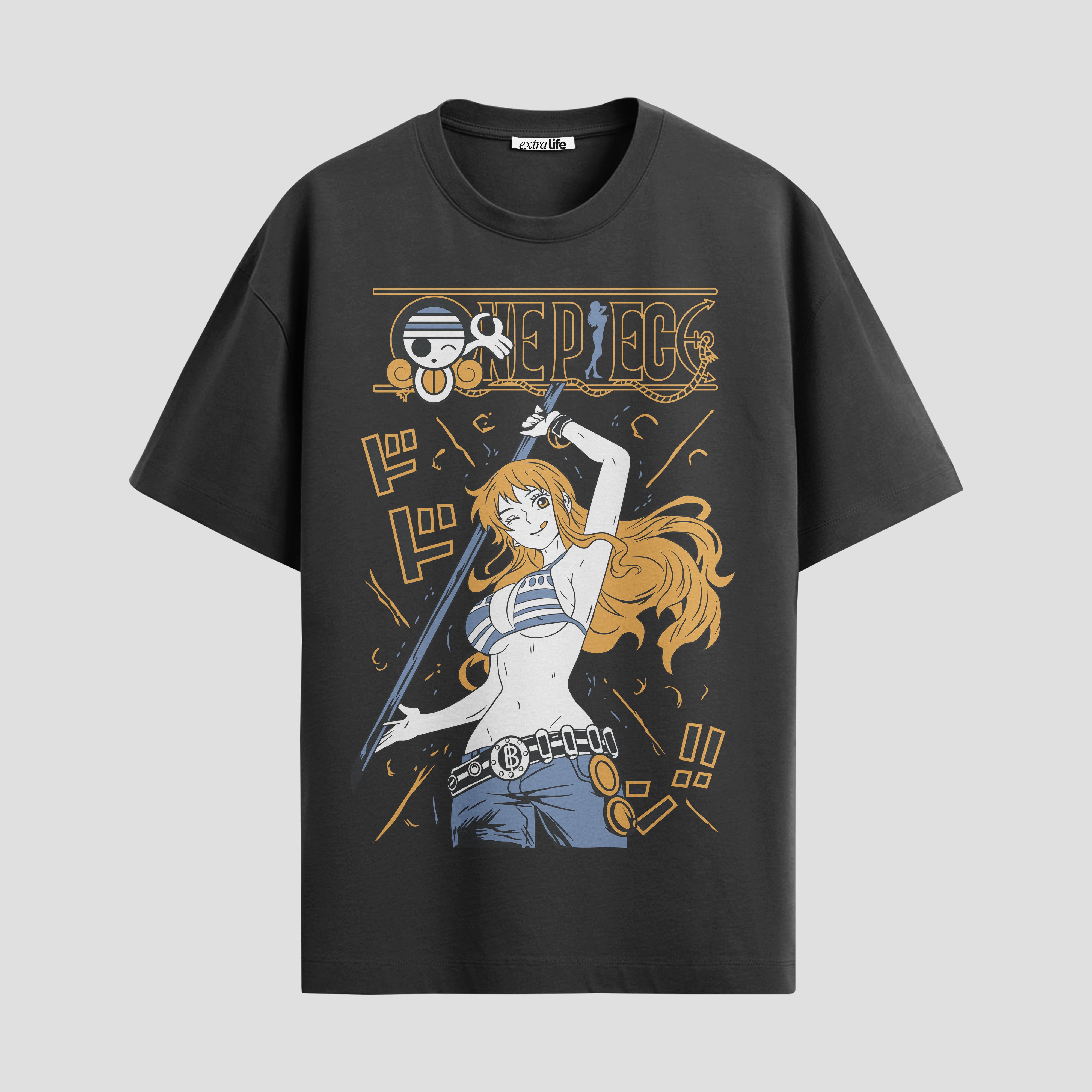 Playera urbana de anime y gaming ExtraLife MX, corte Standard Fit unisex ligero y transpirable en color Deep Black y Pure White, ropa de uso diario para gym y casual.