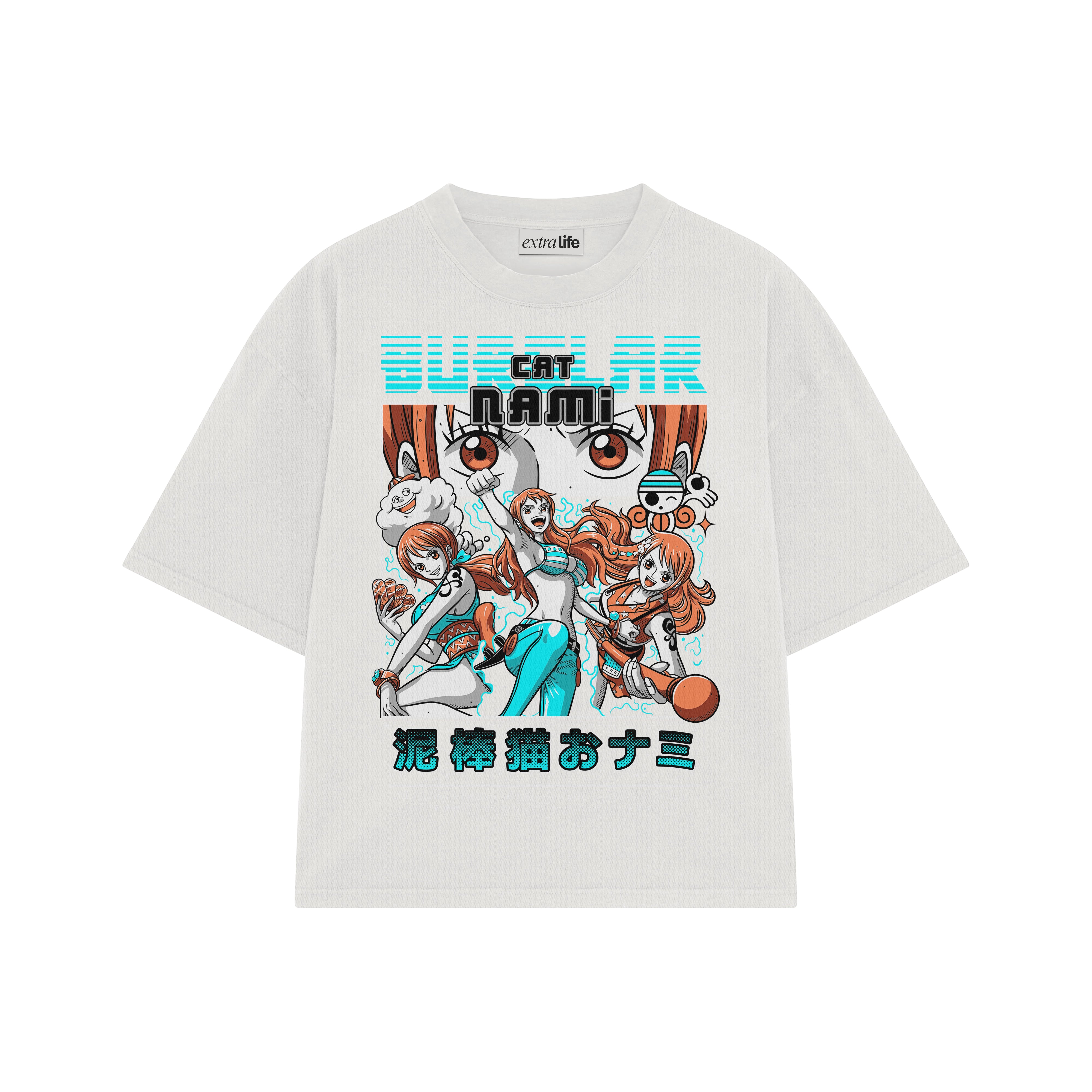Playera streetwear premium de anime y gaming ExtraLife MX, corte boxy oversized drop shoulder heavyweight en color Deep Black y Off-White, moda urbana mexicana de culto.