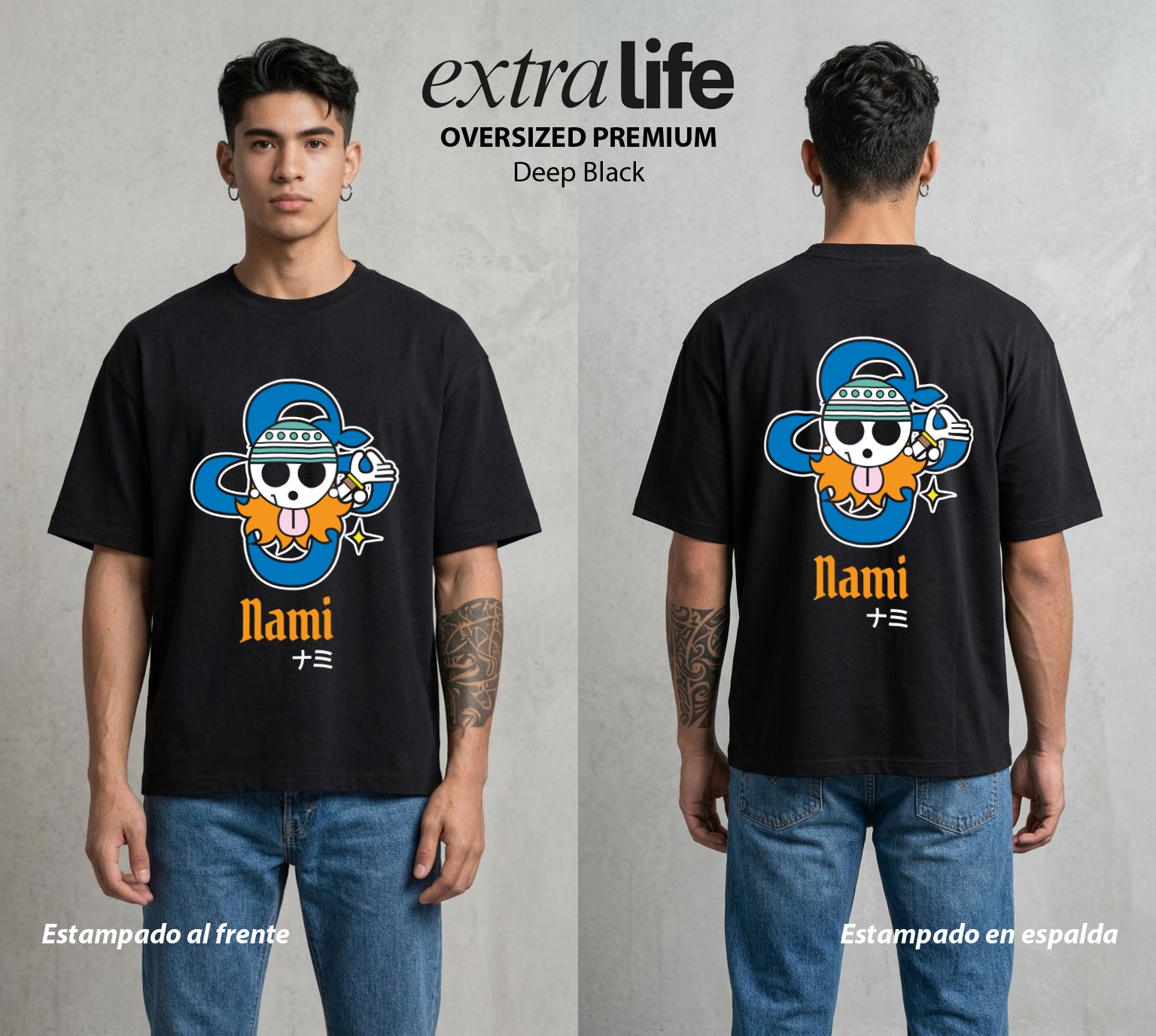 Mar de los Piratas | La Navegante con Bandera #03268 - Playera Oversized Premium | Deep Black - Foto en modelo