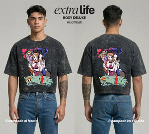 Playera streetwear premium de anime y gaming ExtraLife MX, corte boxy deluxe mineral wash heavyweight en color Acid Wash, moda urbana mexicana de culto.