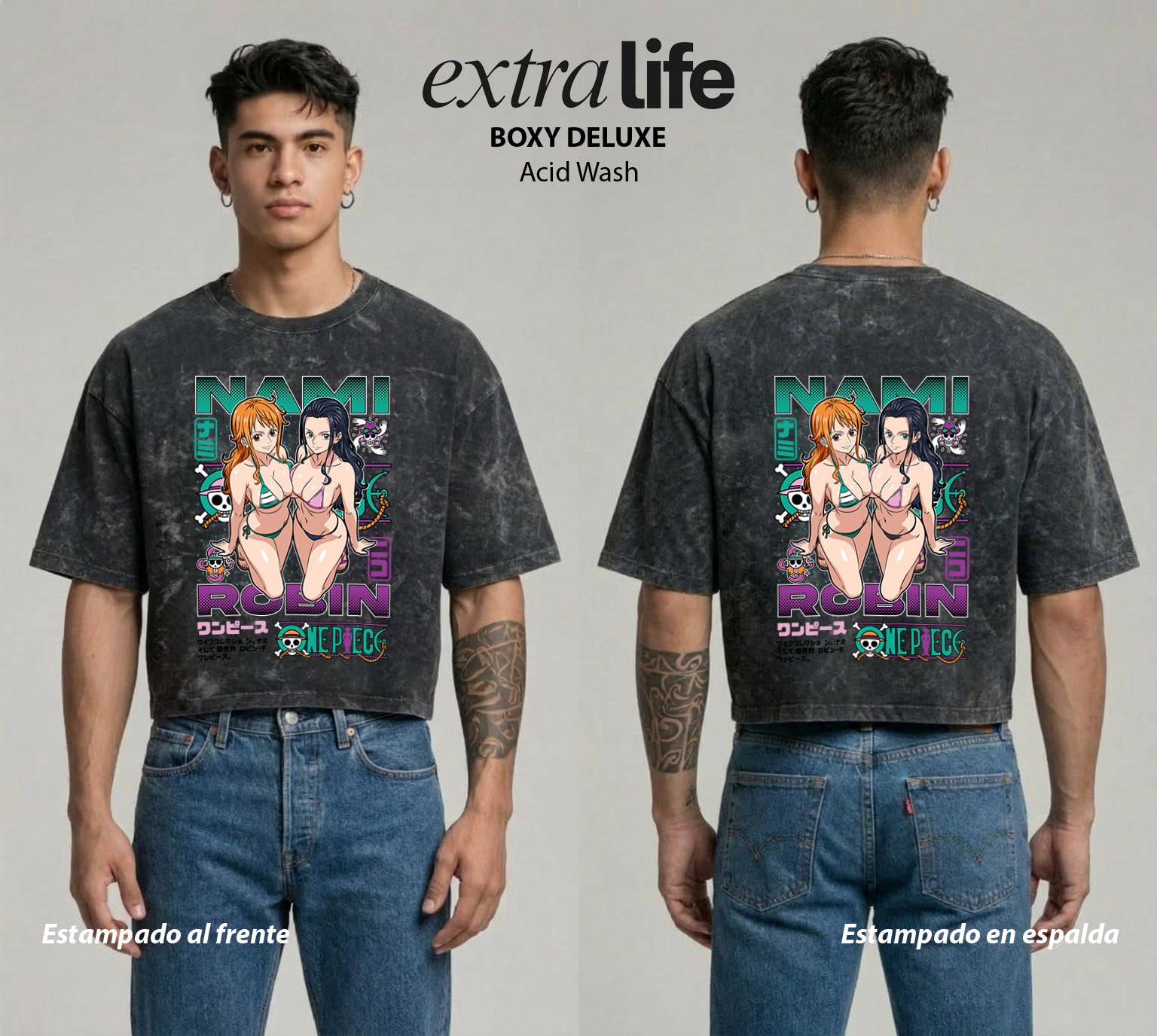 Playera streetwear premium de anime y gaming ExtraLife MX, corte boxy deluxe mineral wash heavyweight en color Acid Wash, moda urbana mexicana de culto.